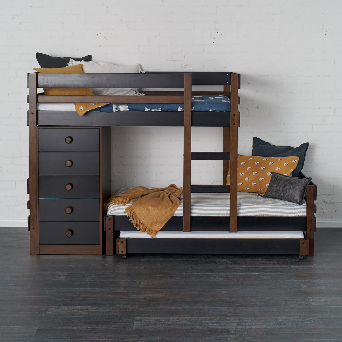 bunk beds offset along wall