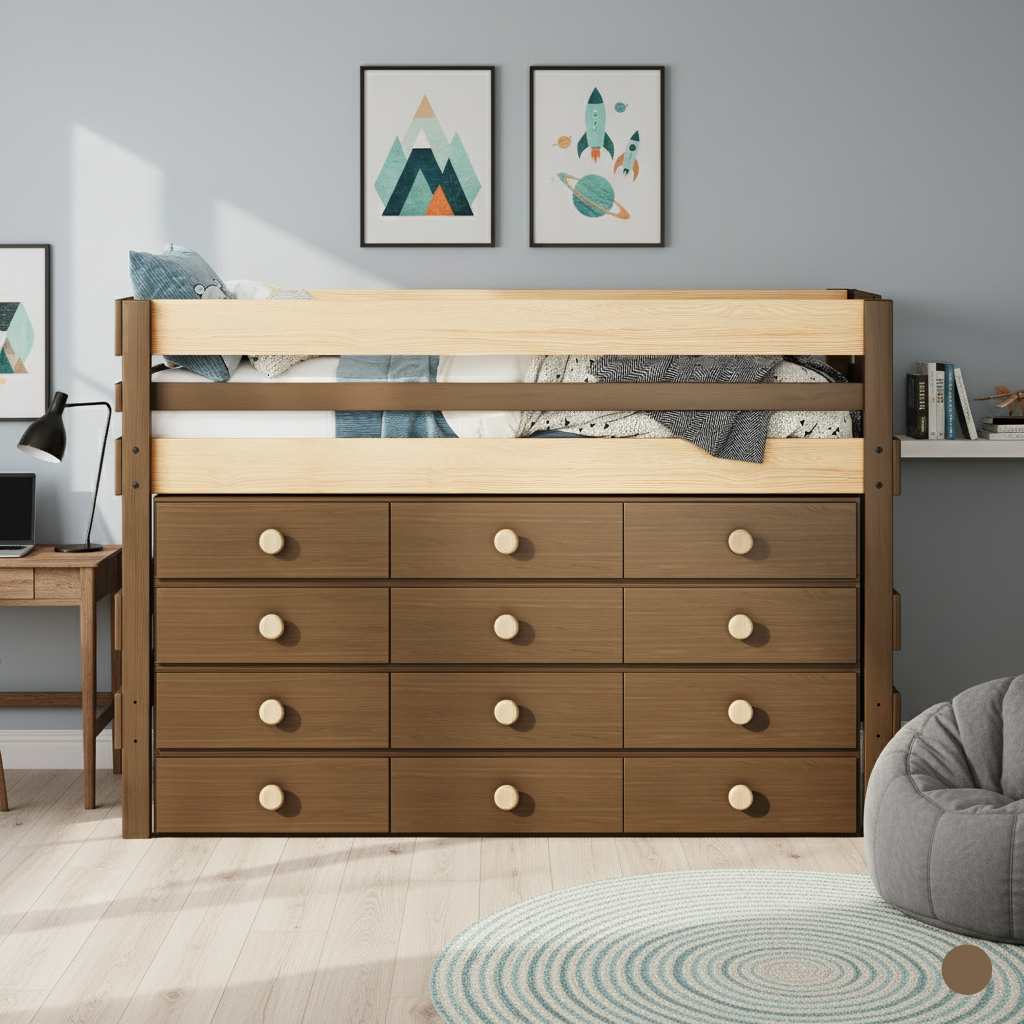 Low height loft bed with an incredible amount of drawer storage space