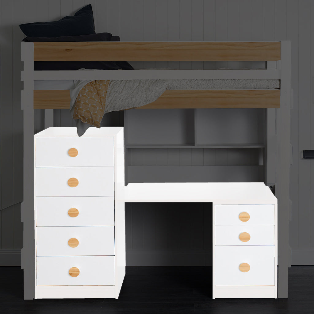 White loft bed with built-in desk and mid-line chest featuring round wooden handles.