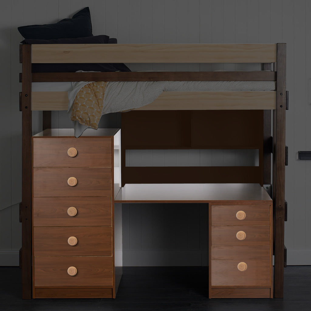 Wooden bunk bed with integrated desk top, mid-line chest, and small chest in natural elm finish.