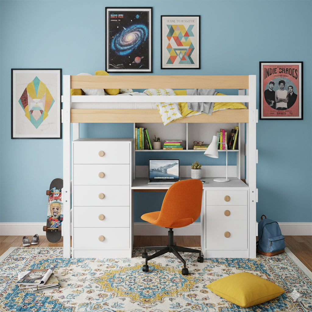 Adelaide loft bed setup with desk and storage