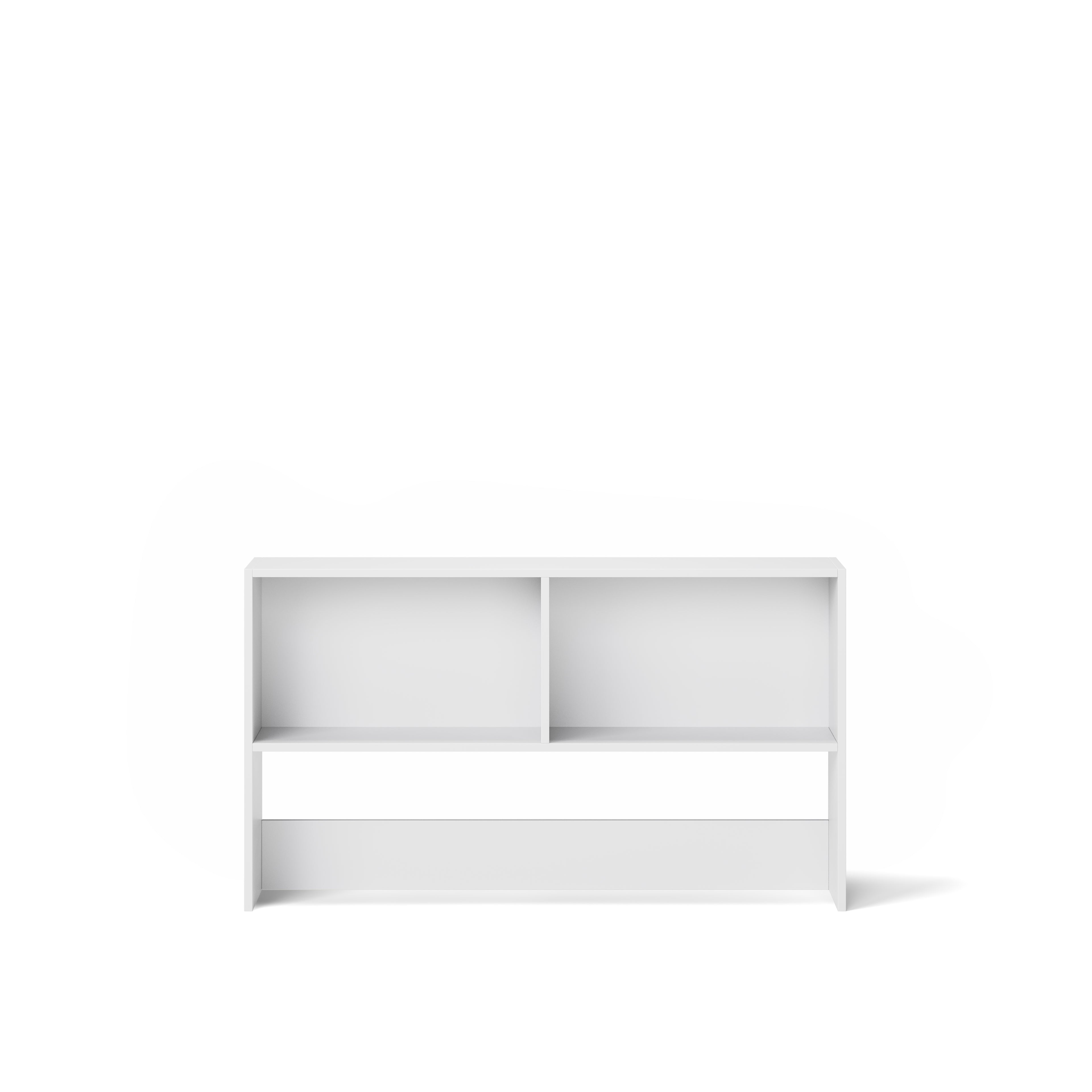 White bench bookcase with two open shelves, designed to fit under a bunk bed or loft bed.