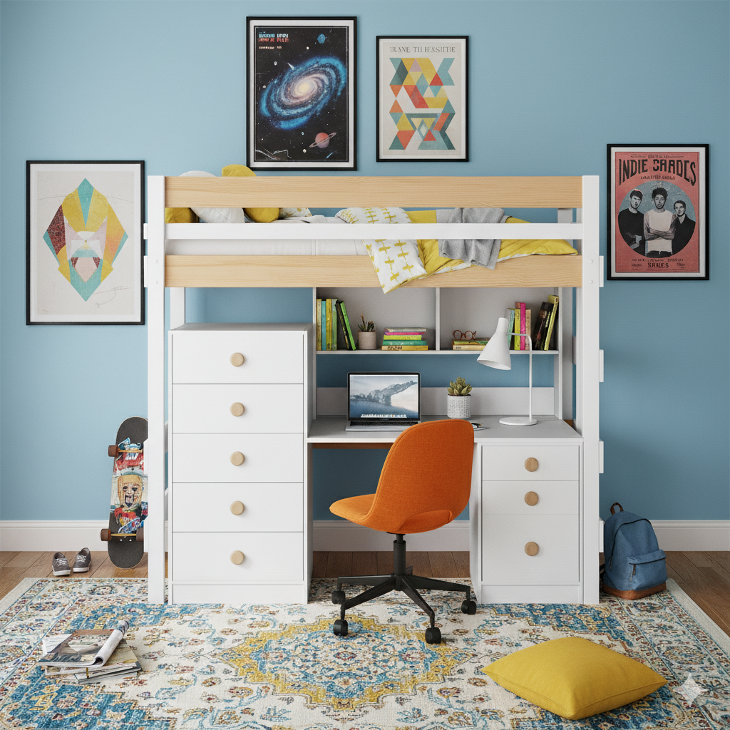 Loft bed above great desk and storage drawers in tidy Melbourne bedroom