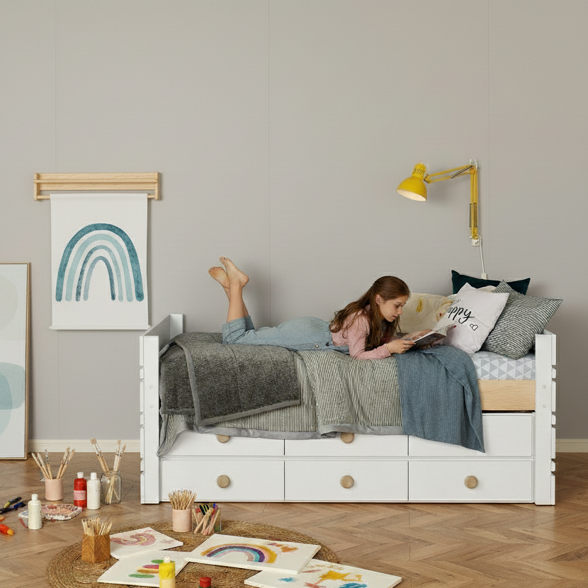 White captain’s bed with three under-bed drawers, styled with gray and blue bedding and a yellow wall lamp.