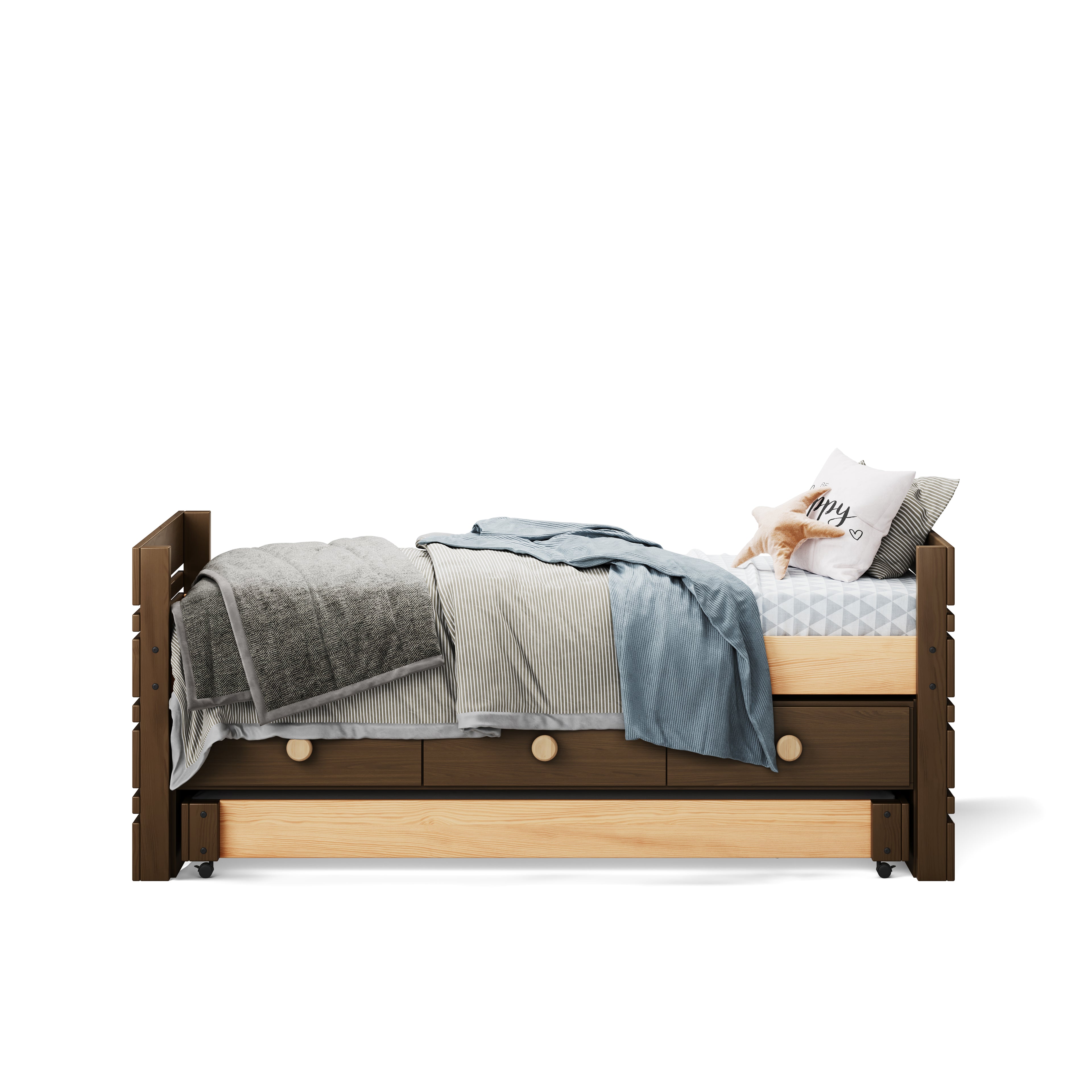 Native elm captains bed with trundle and natural wood drawer fronts, styled with gray and blue bedding.