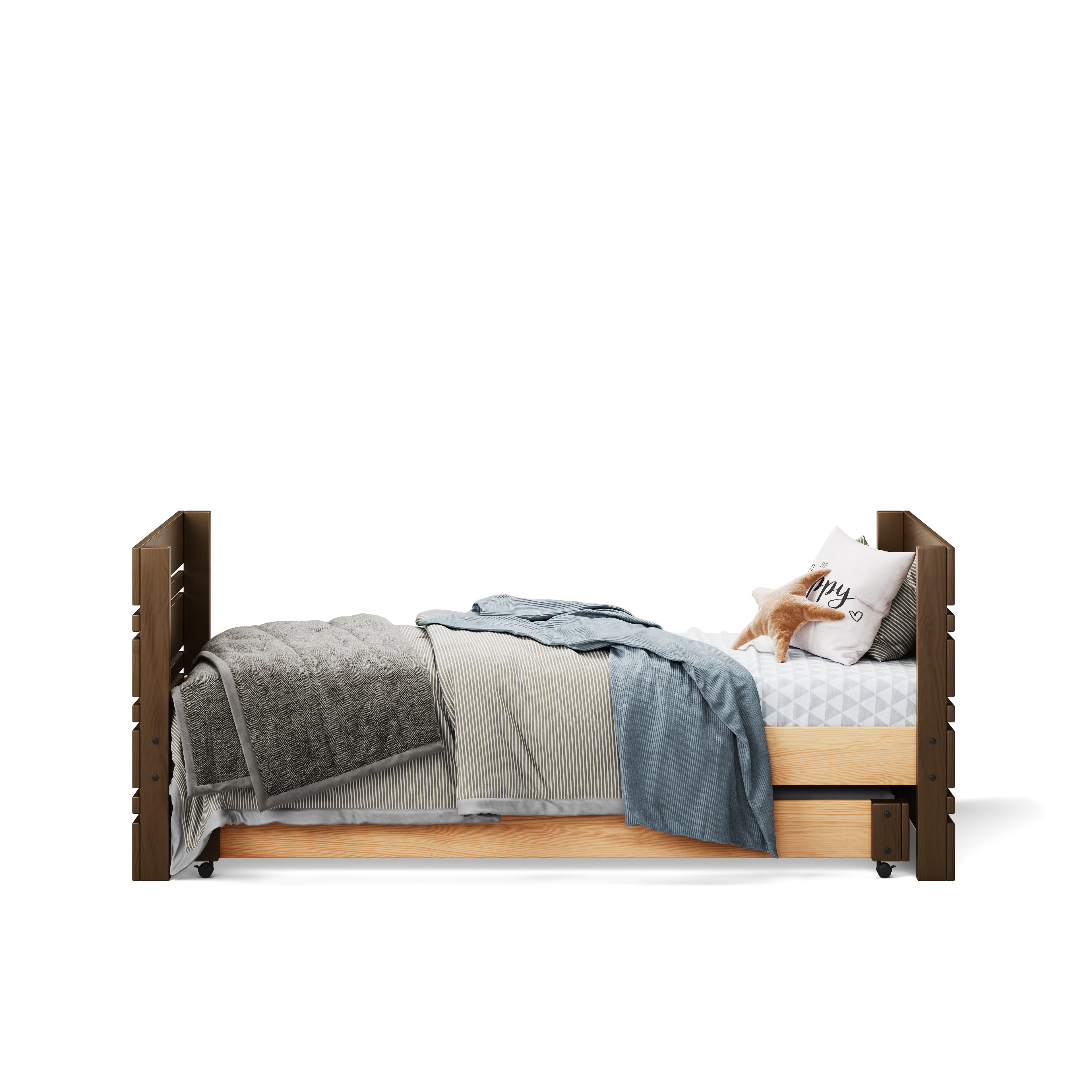 Wood and dark brown captains bed with light bedding and soft blankets layered on top.