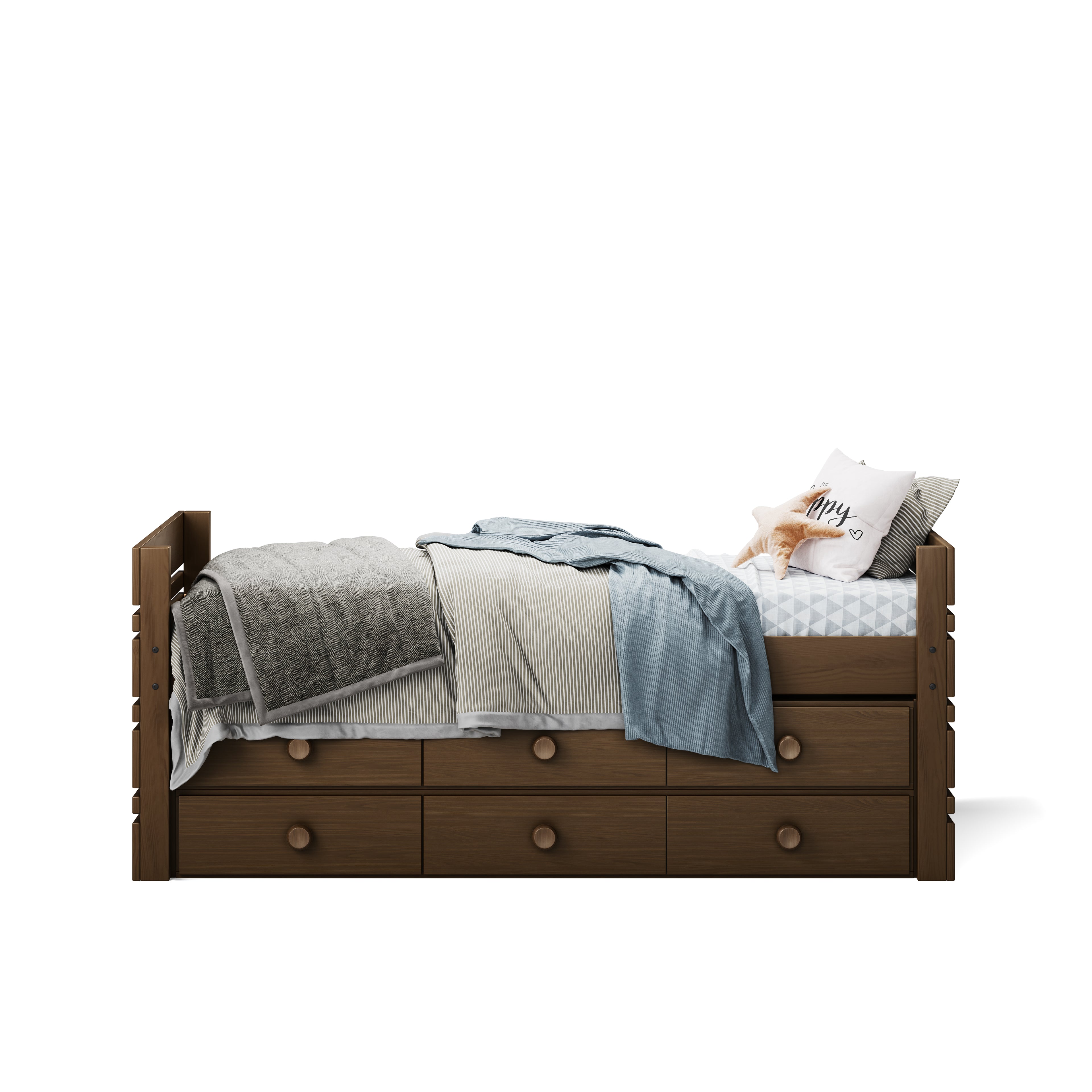 Native Elm Captain’s Bed with three under-bed drawers, neutral bedding, and pillows.