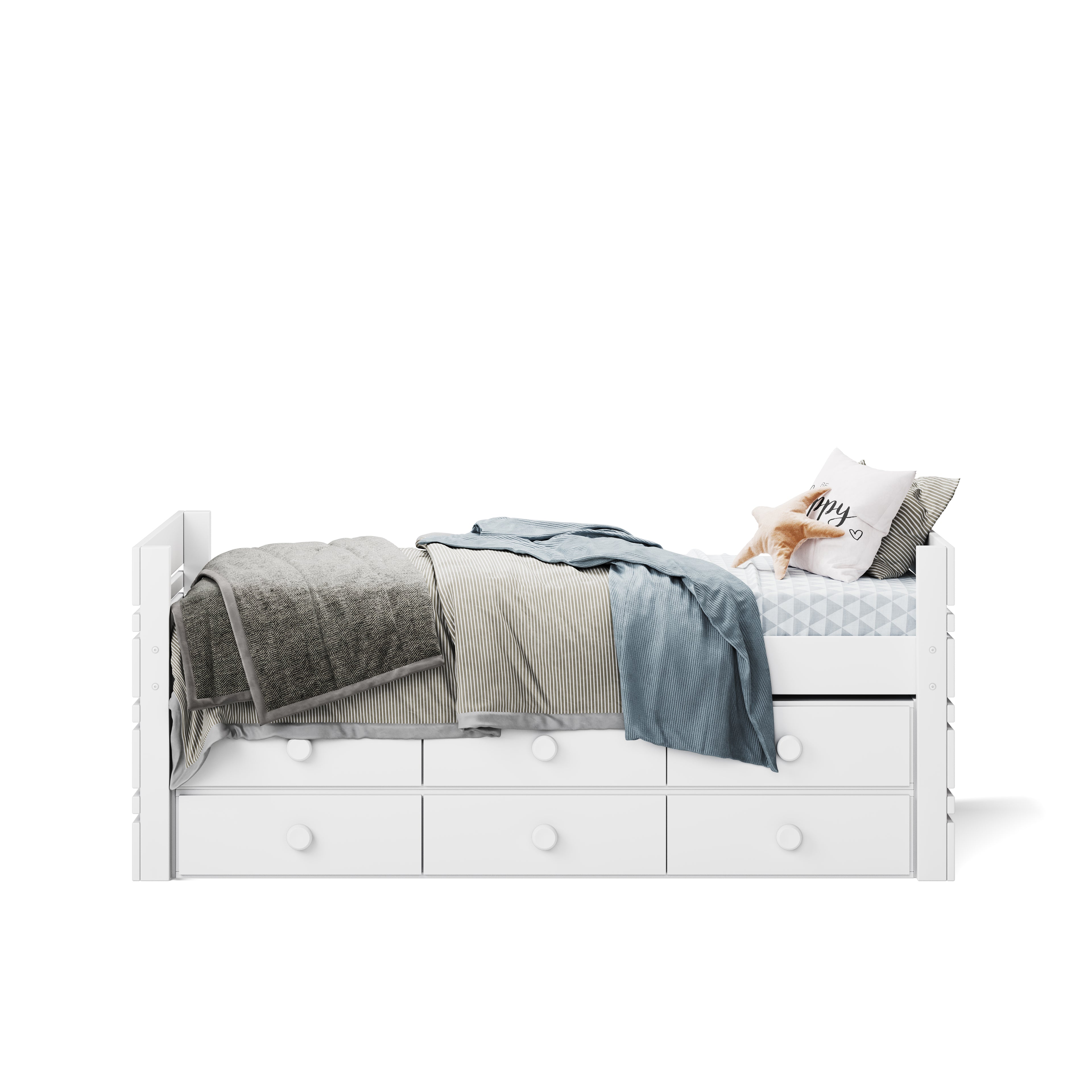 White captains bed with built-in under bed drawers, dressed with gray, beige, and blue bedding.