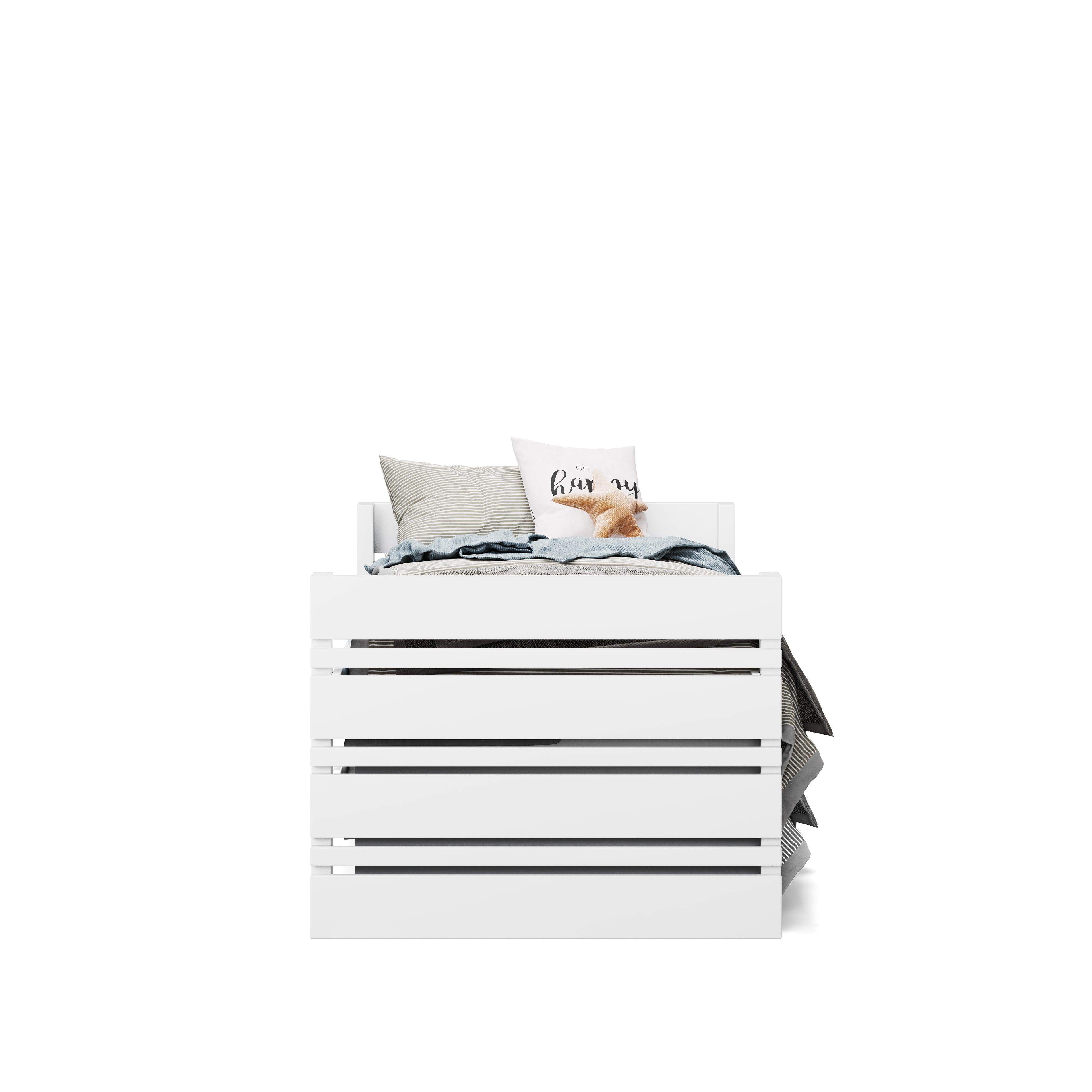 White single captains bed with slatted storage drawers and pillows on mattress.