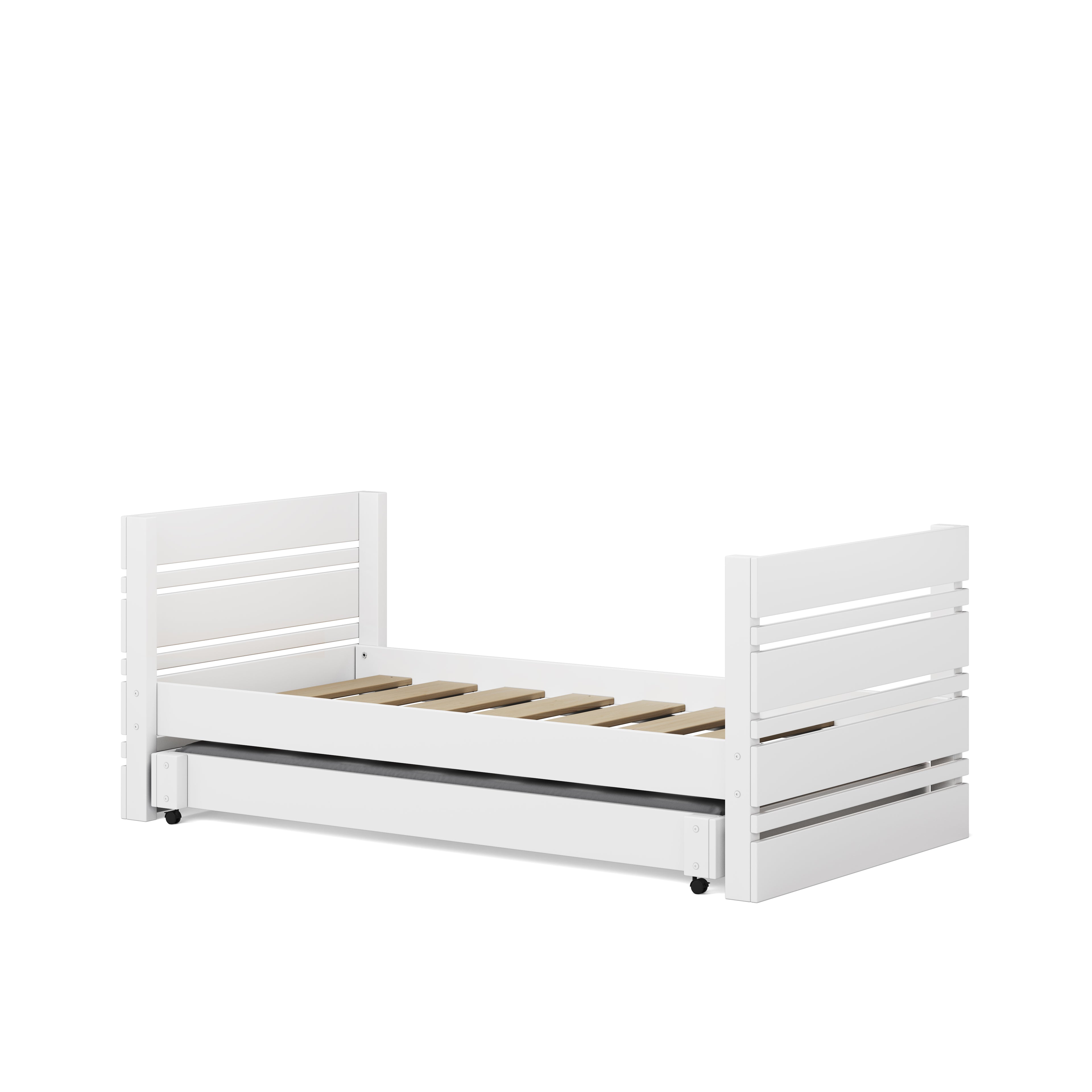 White wooden captains bed frame with slatted headboard, footboard, and under-bed trundle drawer.
