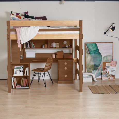 Native elm double loft bed with corner desk and wooden chair in minimal room setting.