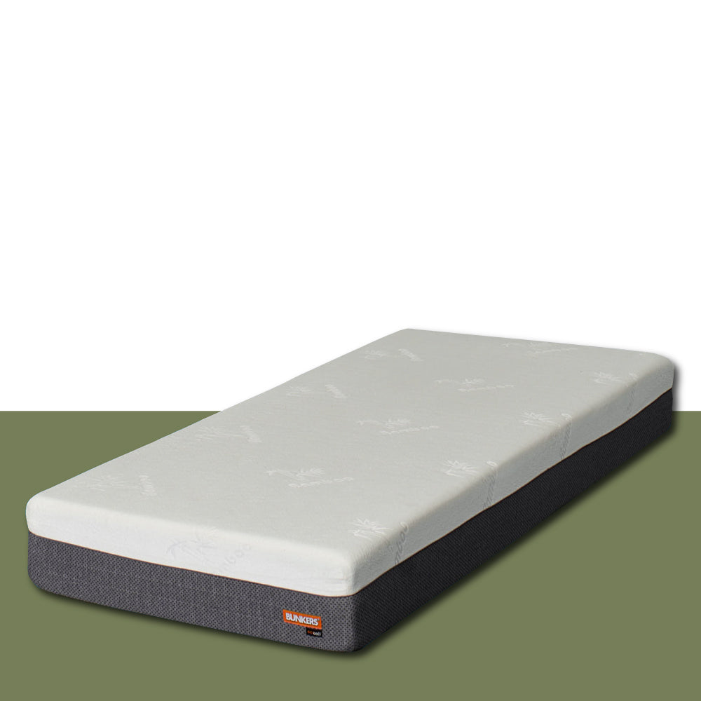 EcoCoil mattress with white top and dark gray base, suitable for bunk bed, loft bed, or standalone bed.