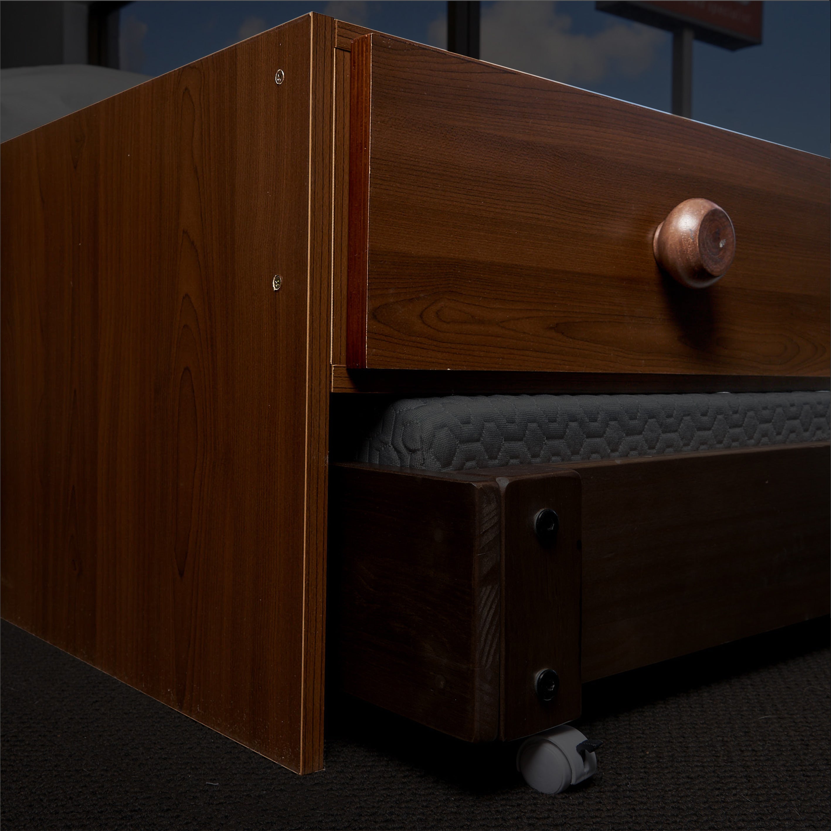 Elevated Under Bed Drawers close up in elm finish