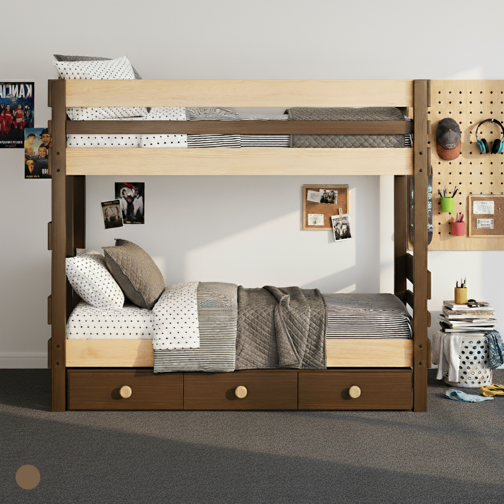 Wooden bunk bed with storage drawers in a Hobart bedroom setting.