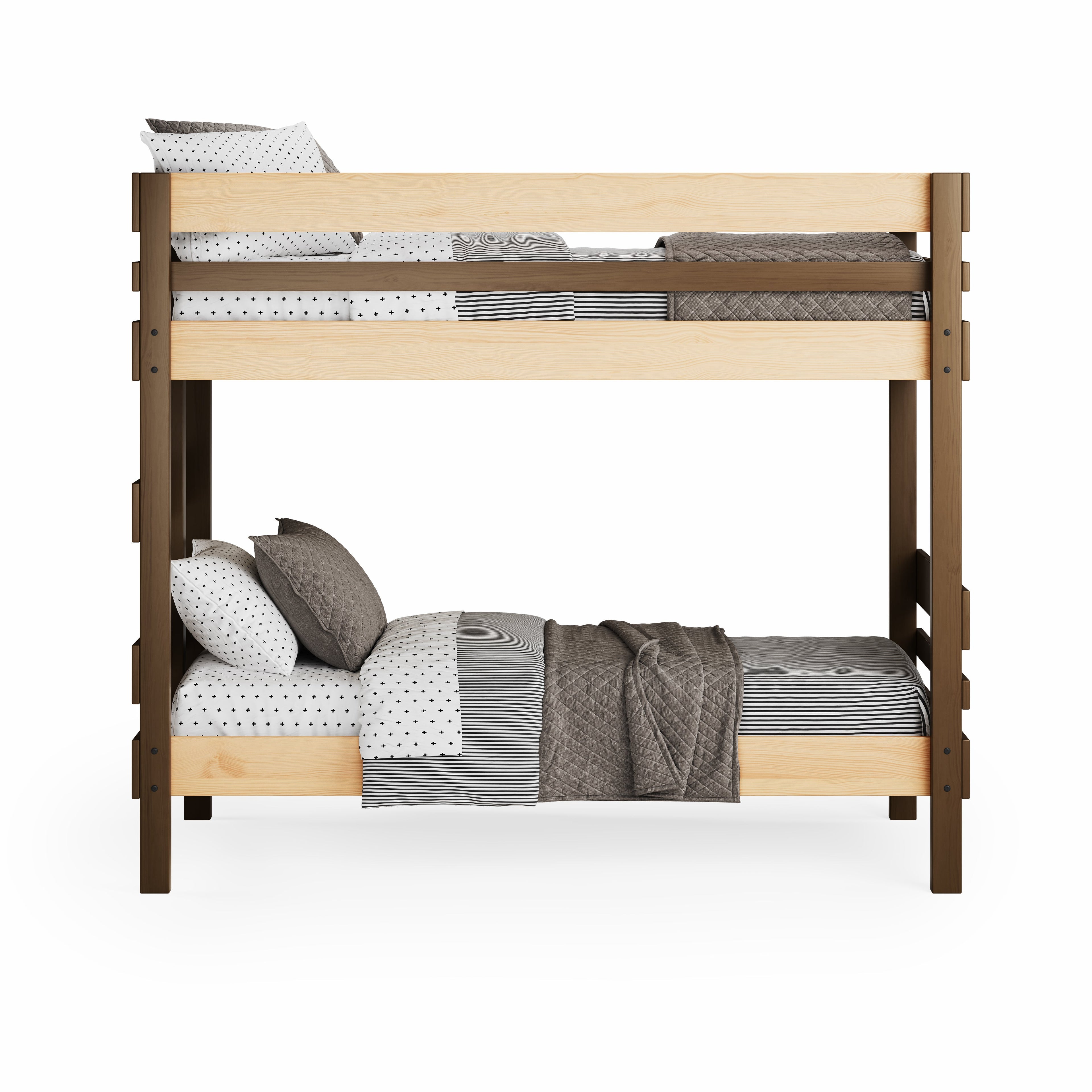 Native elm and clear wood bunk bed with simple slatted design and grey bedding.