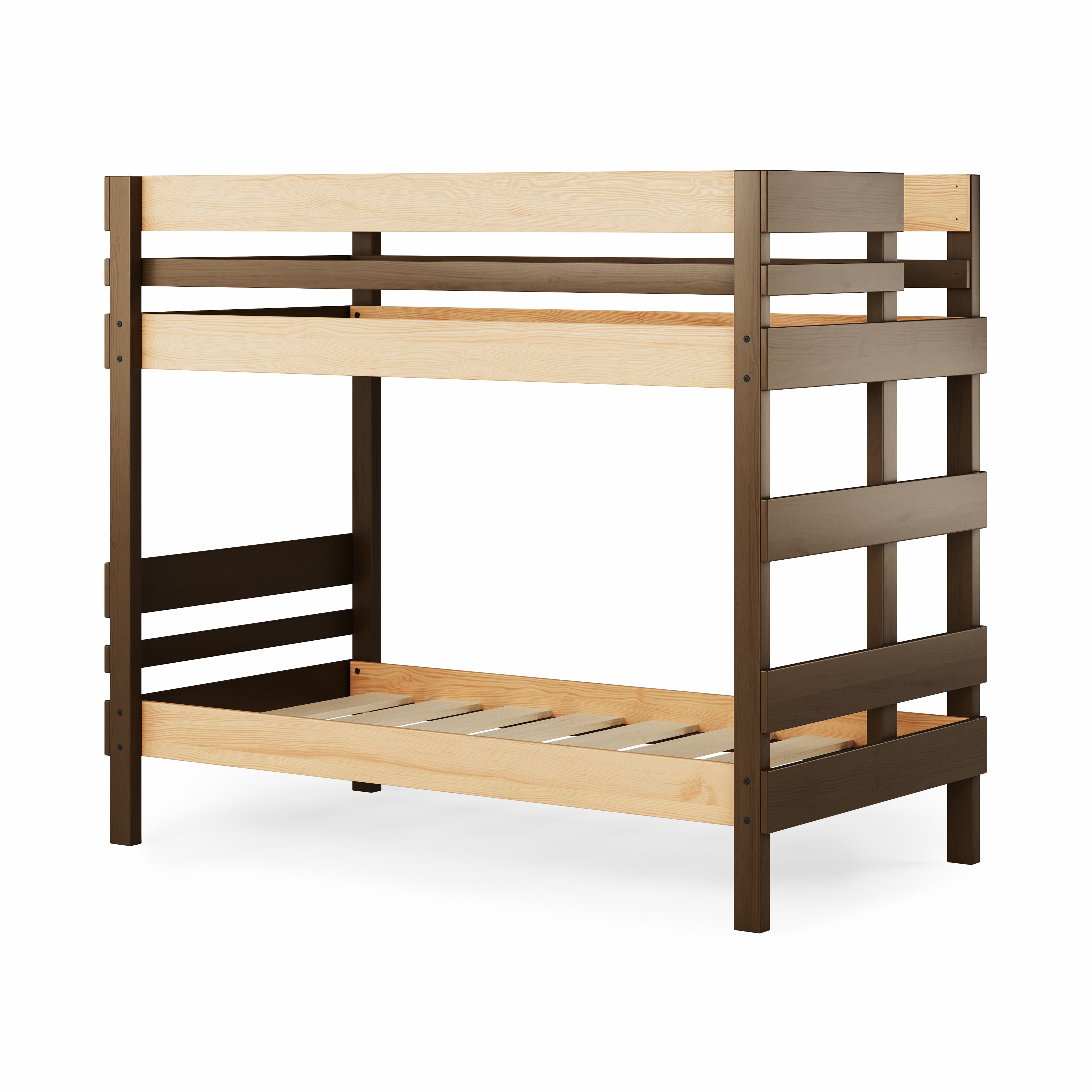 Native elm finish end ladder bunk bed with solid wood slats and sturdy frame.