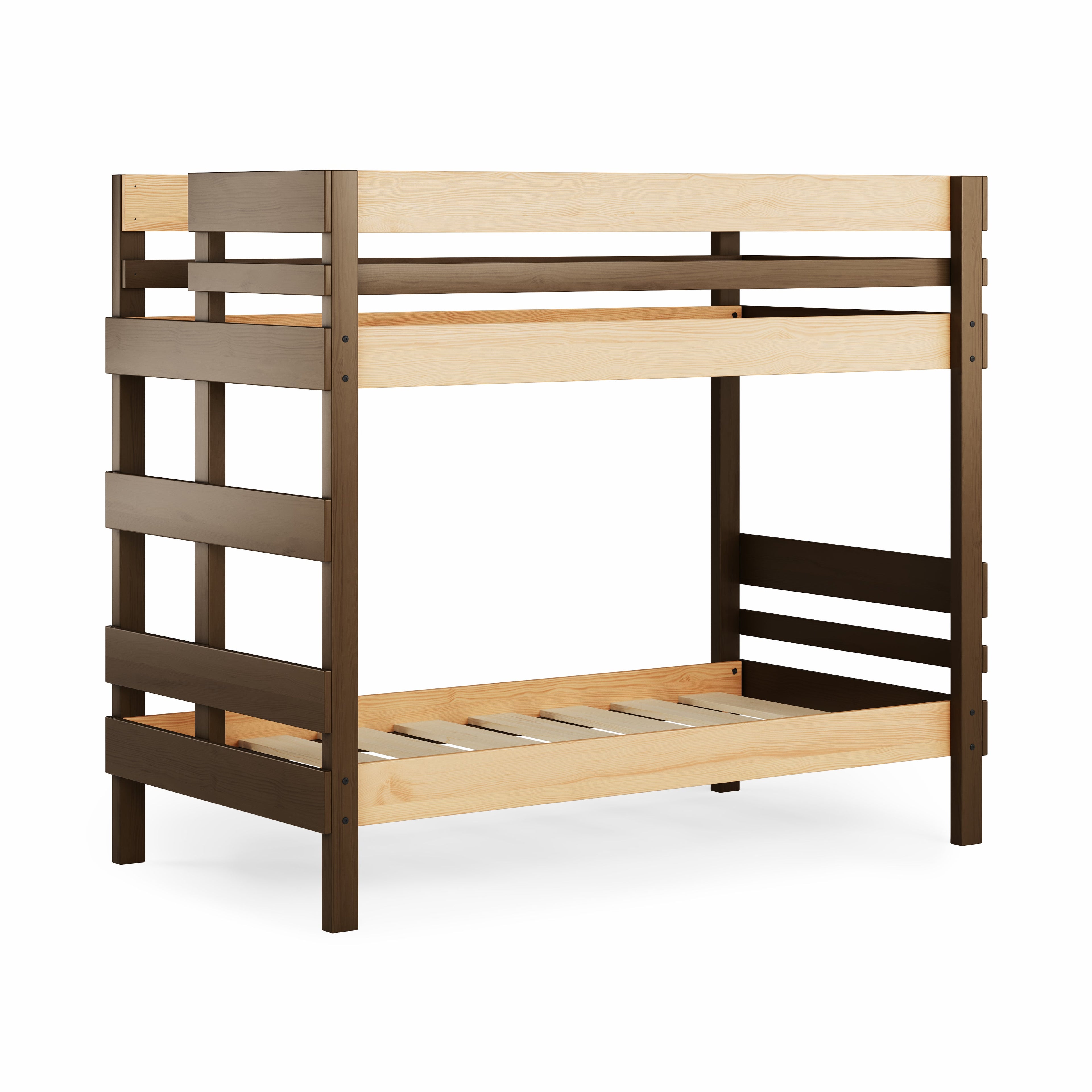 Native elm finish end ladder bunk bed with solid wood slats and sturdy frame.