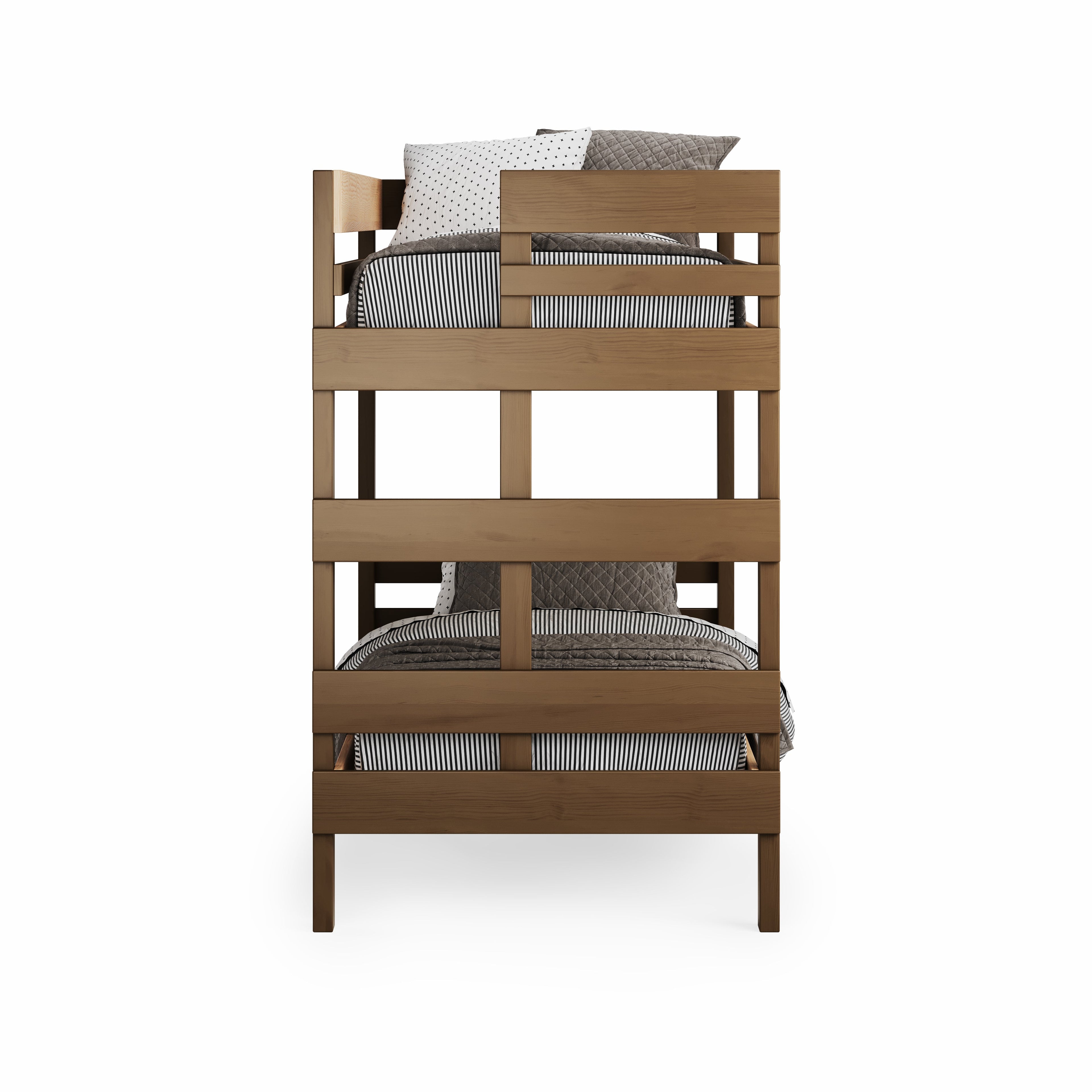 Native elm bunk bed with sturdy timber guardrails and two single beds stacked vertically.