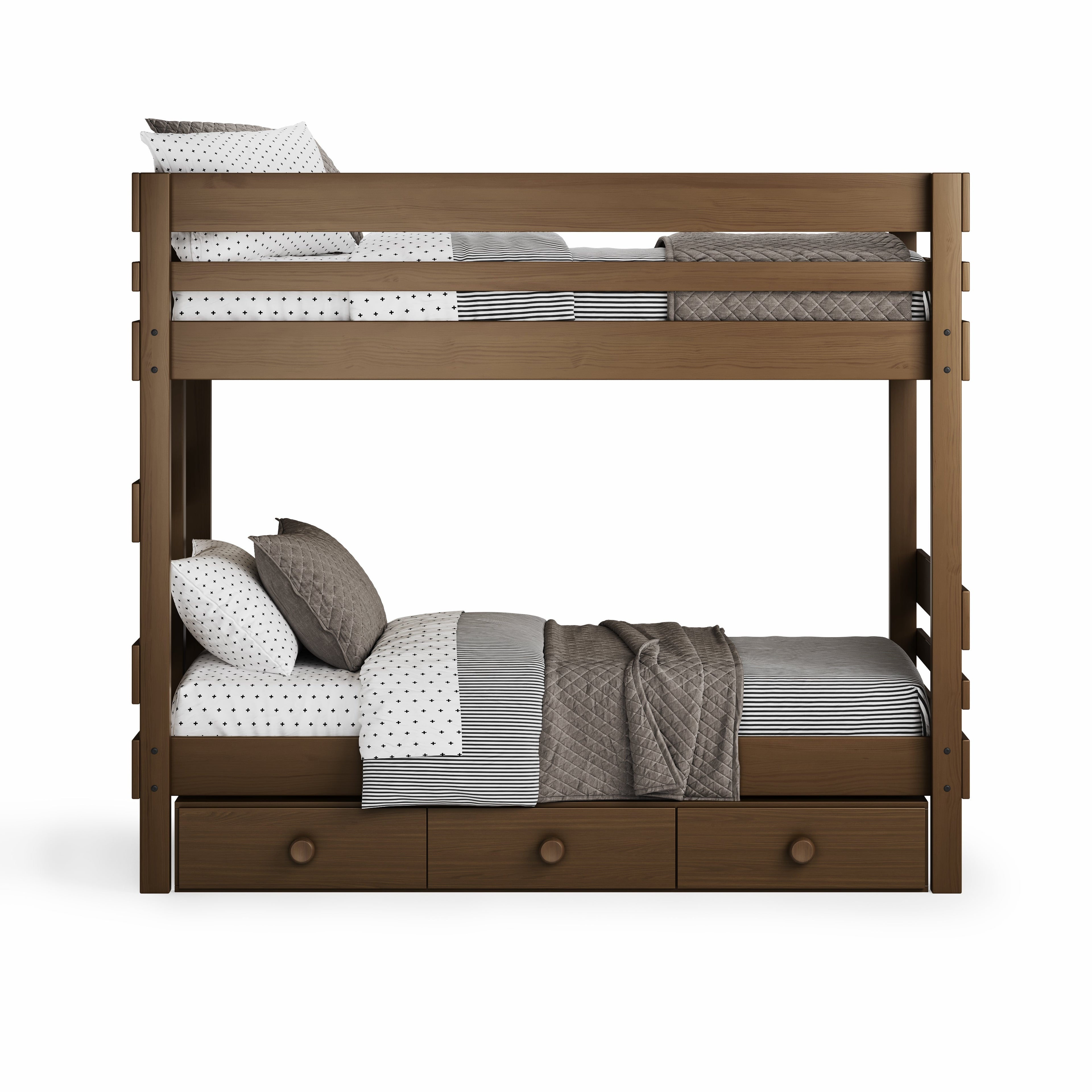 Native Elm bunk bed in King Single size, three drawer under-bed drawers, and gray bedding.