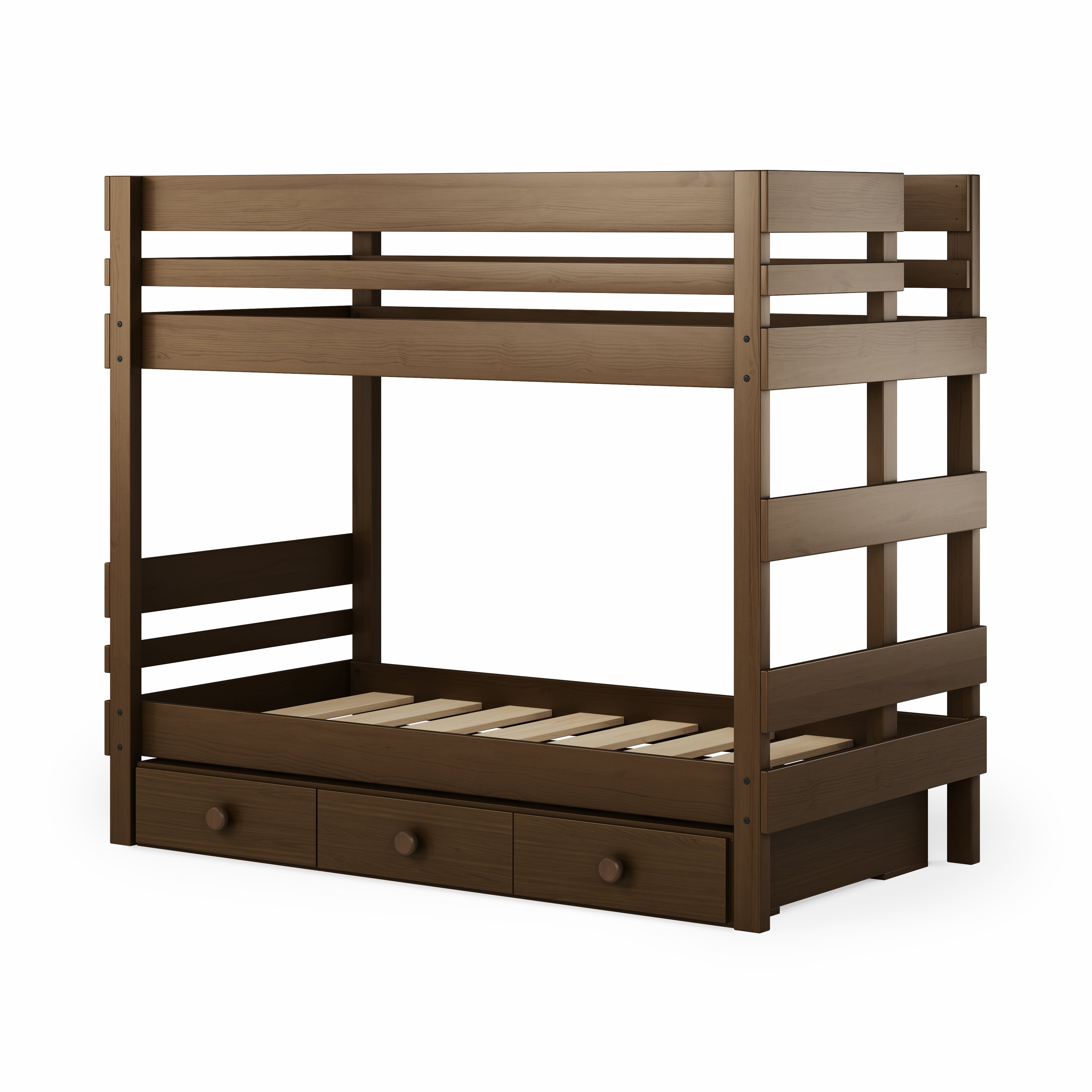 Native elm finish wooden end ladder bunk bed with trundle drawers underneath.