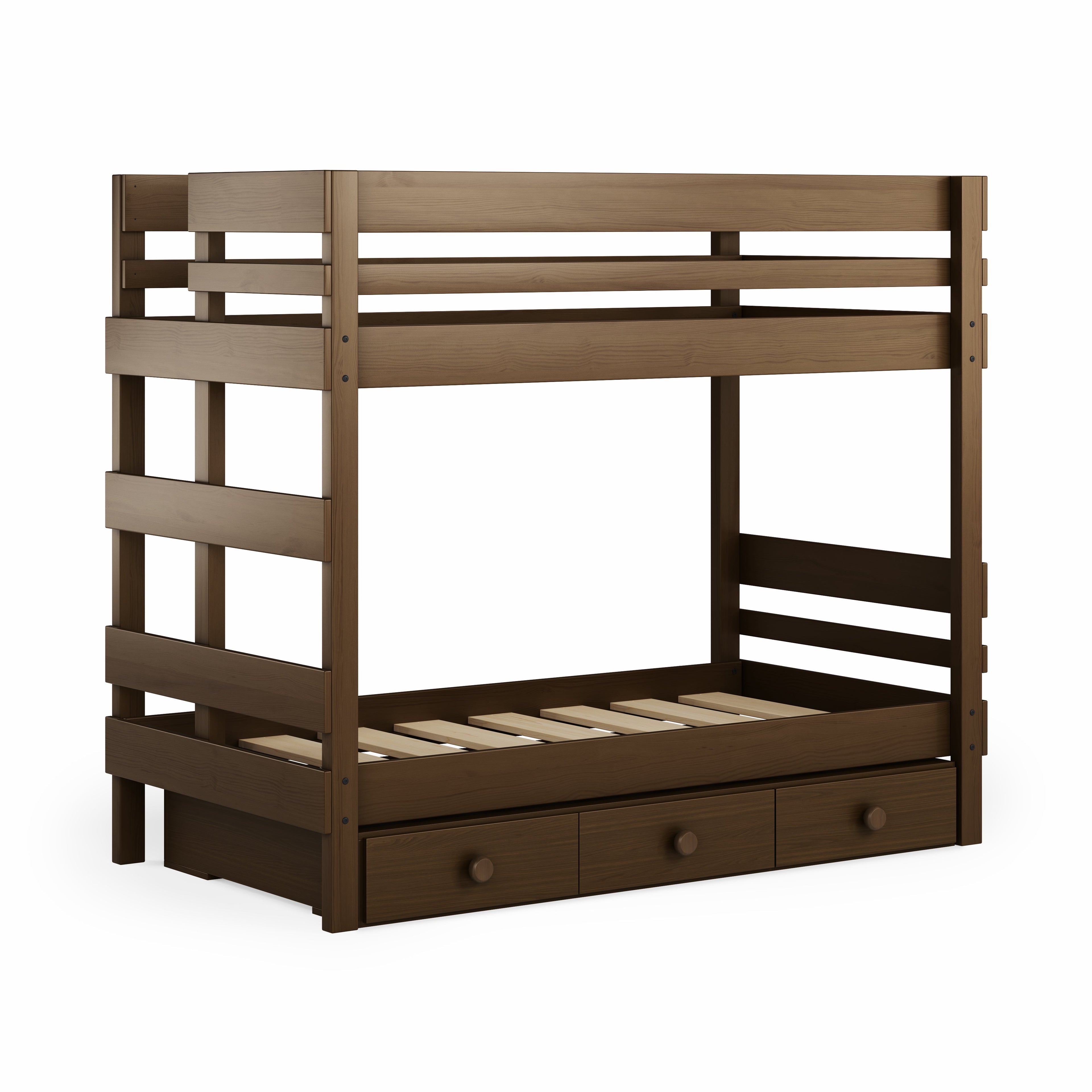 Native elm finish wooden end ladder bunk bed with deep drawers underneath.