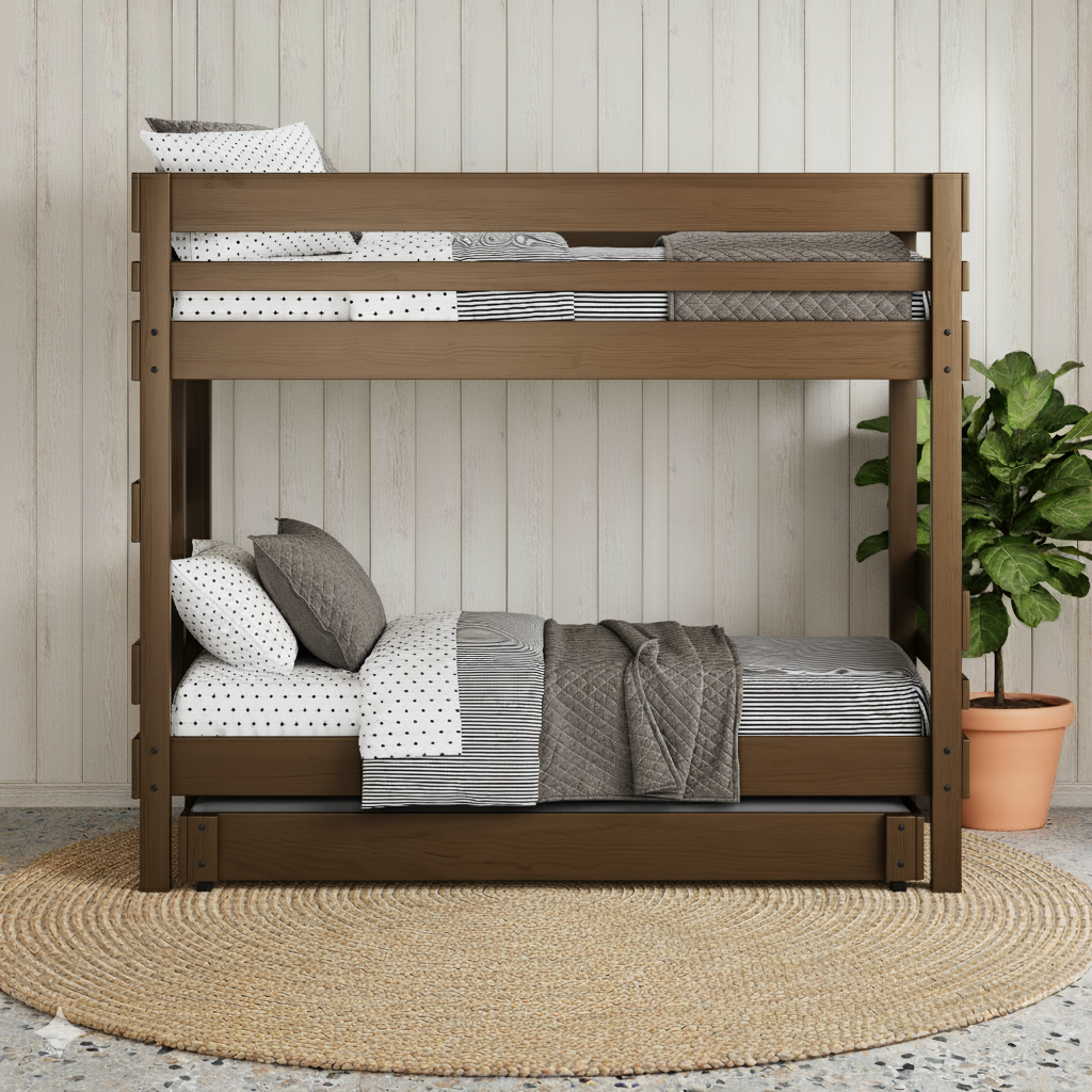 Native Elm bunk bed with single-size frames, ladder at the end, and neutral bedding in a cozy room setting.