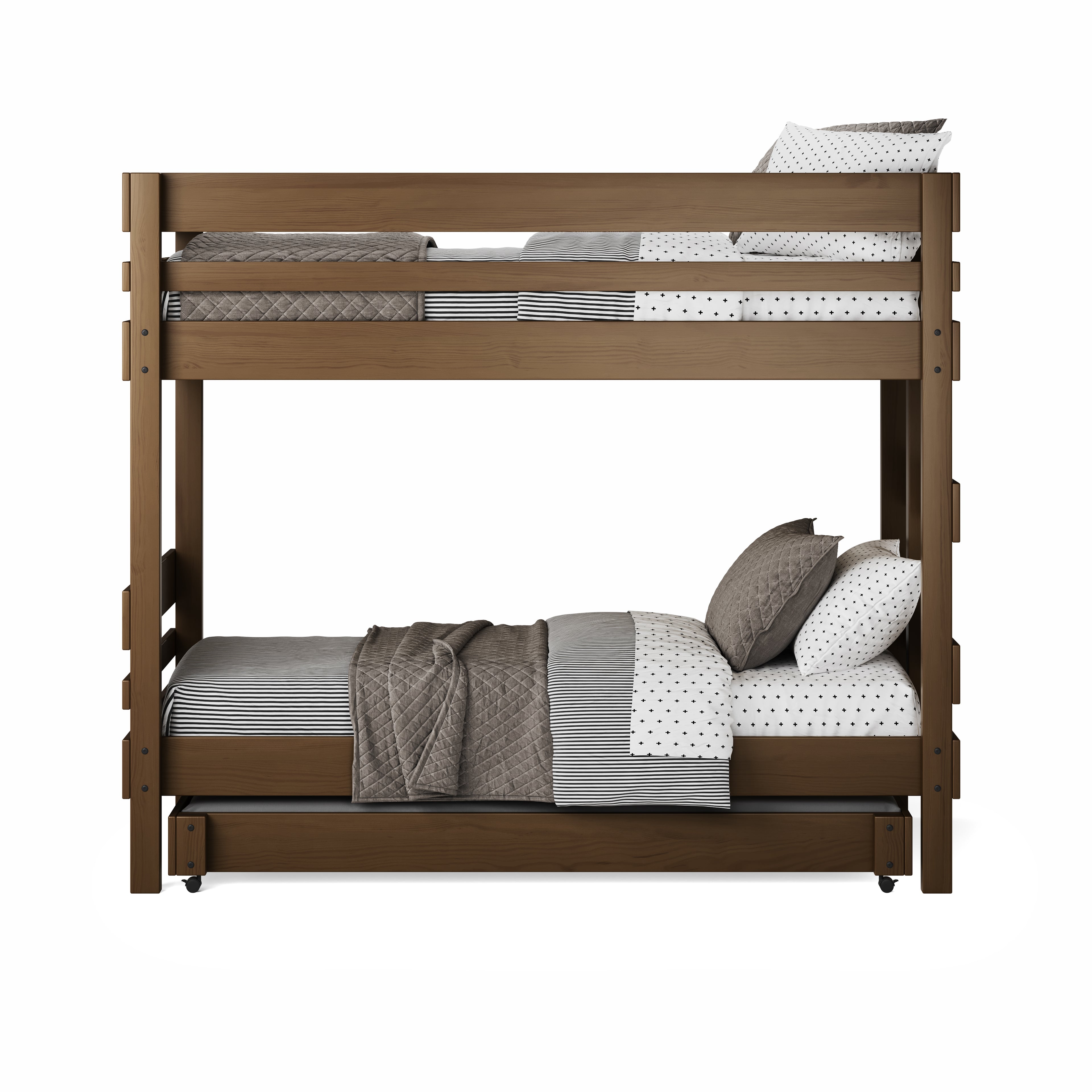 Native Elm finish bunk bed with single mattresses and gray patterned bedding.