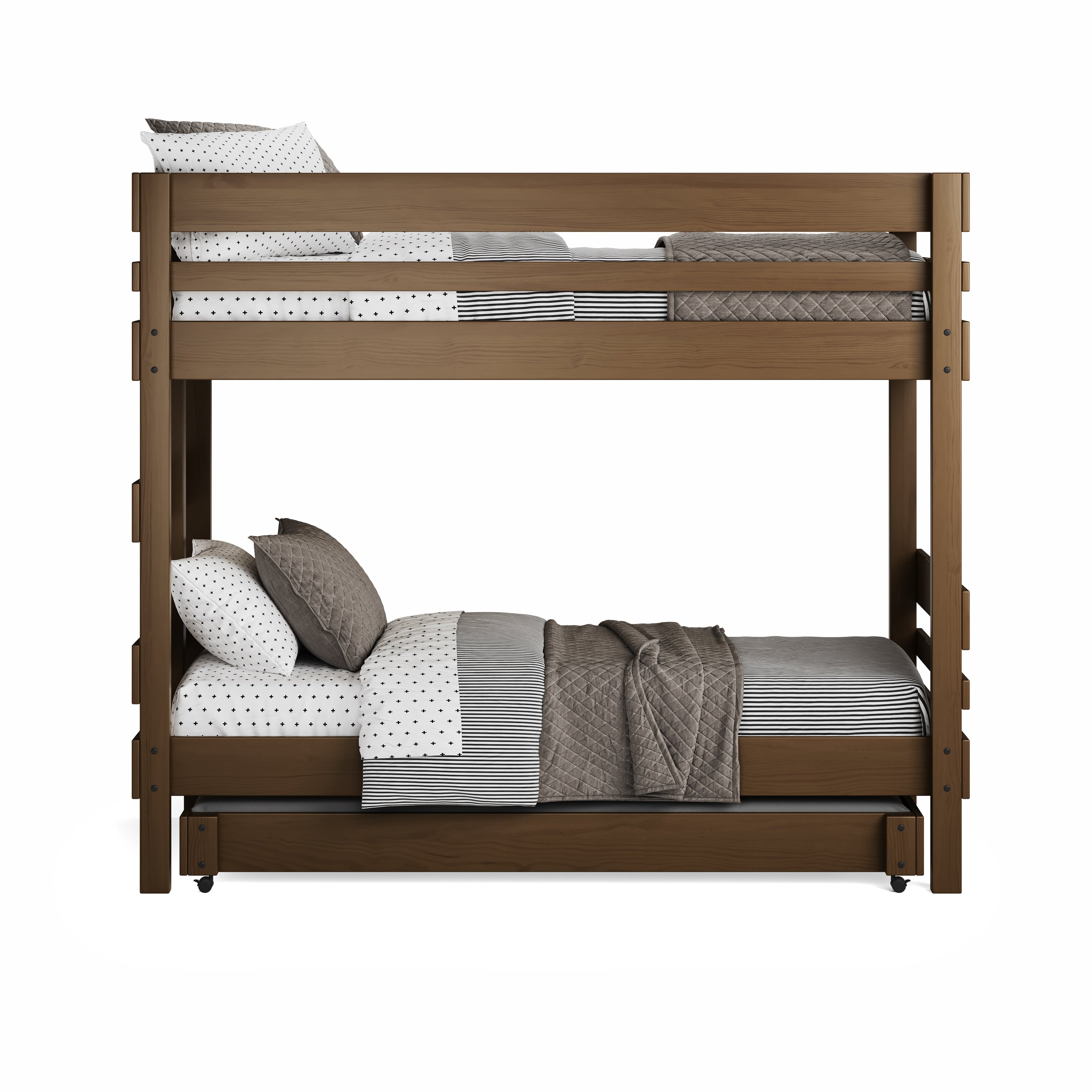 Native Elm finish bunk bed with single mattresses and gray patterned bedding.