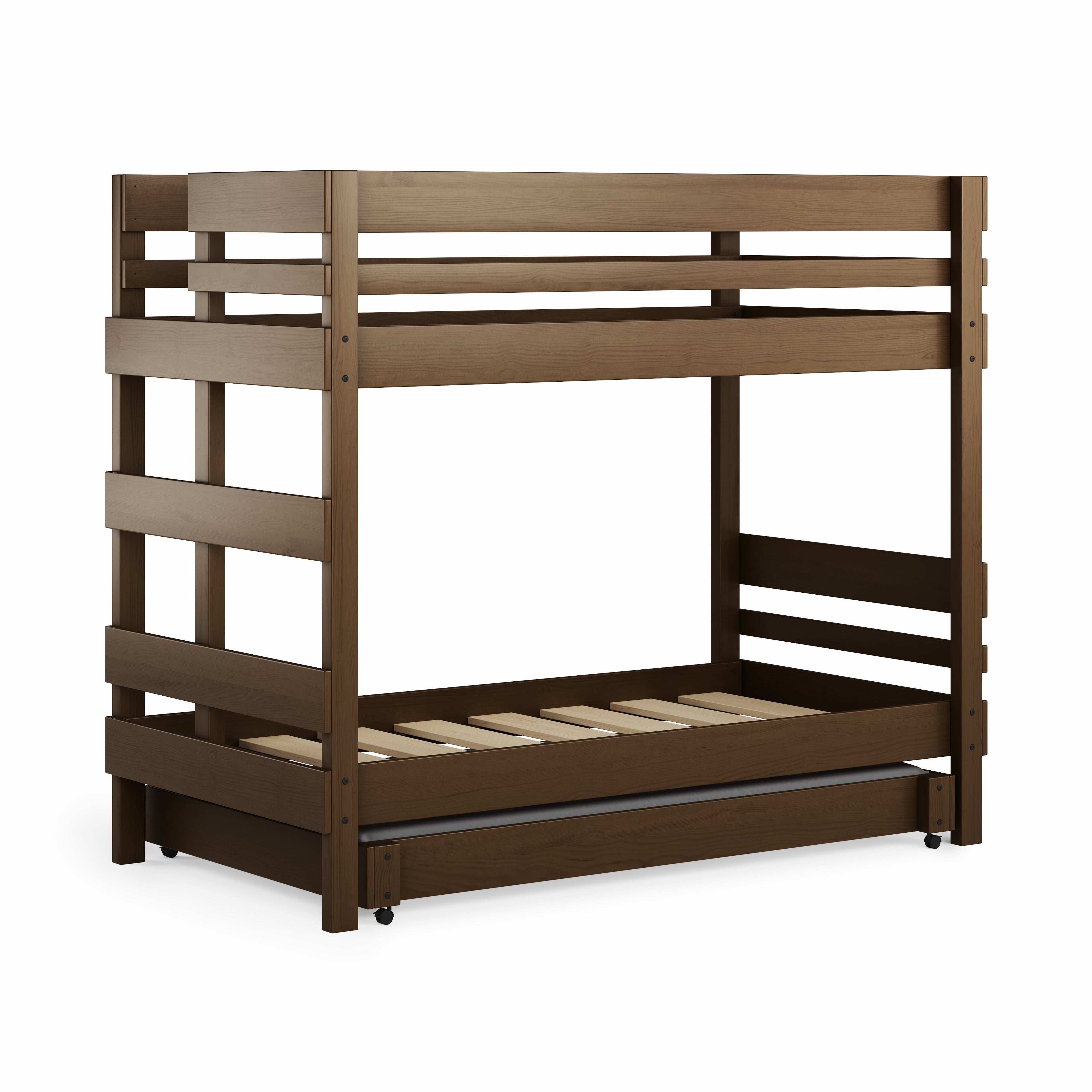 Brown wooden bunk bed with built in end ladder and solid timber guard rails on top bunk.