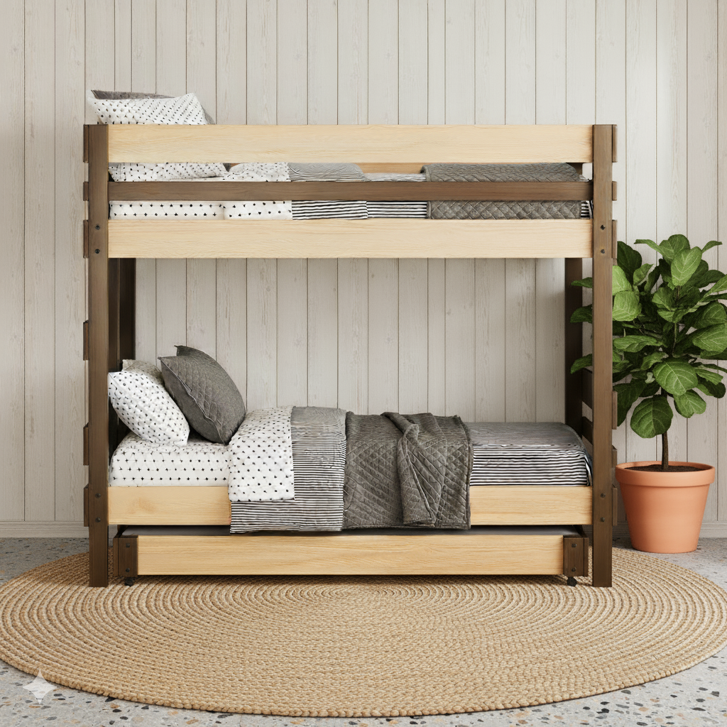 Native Elm and clear combination bunk bed with single or king single top and bottom beds. Gray and white bedding, pull-out trundle beneath.