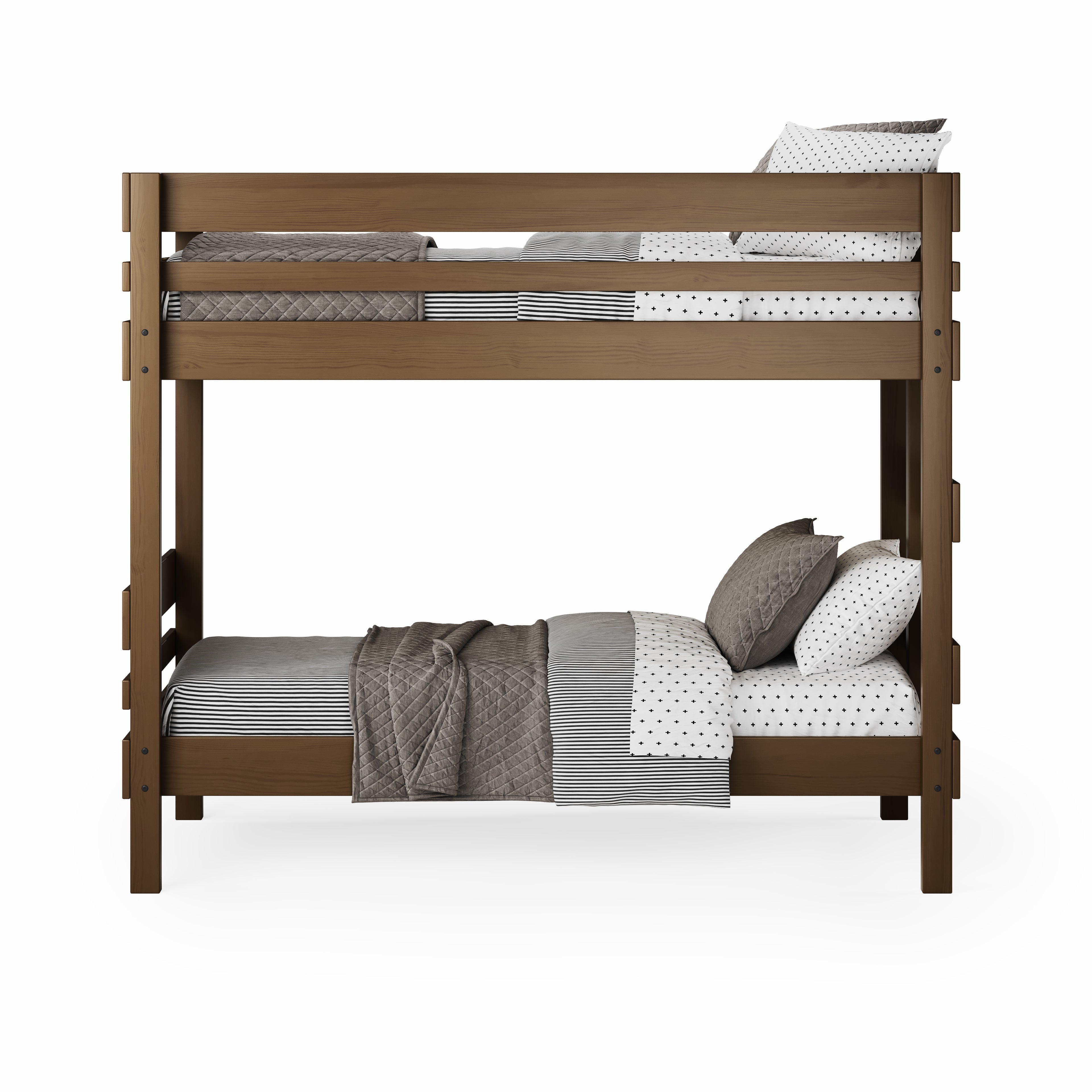 Native elm end ladder bunk bed with twin mattresses and neutral bedding.