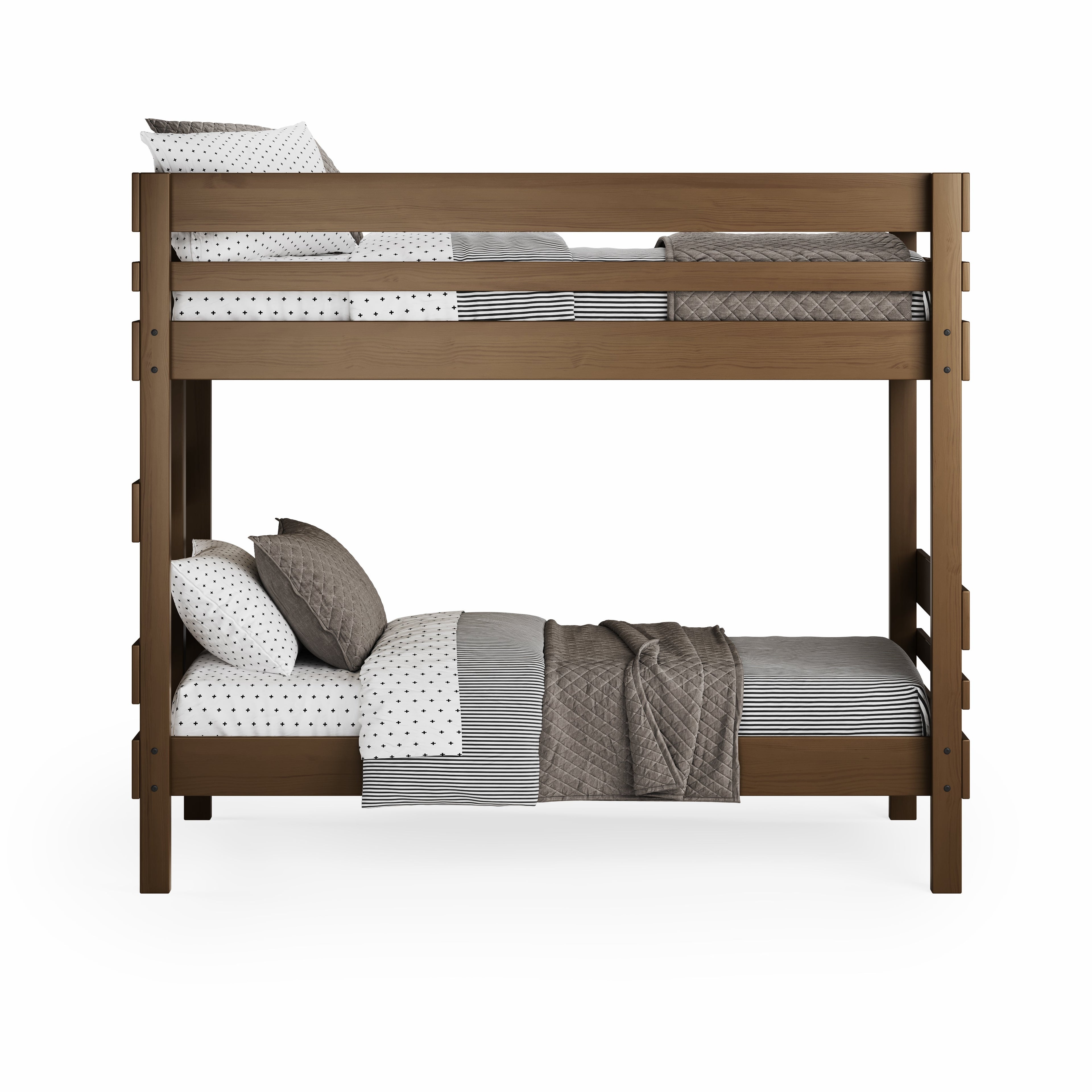 Native elm end ladder bunk bed with Bunkers mattresses and neutral bedding.