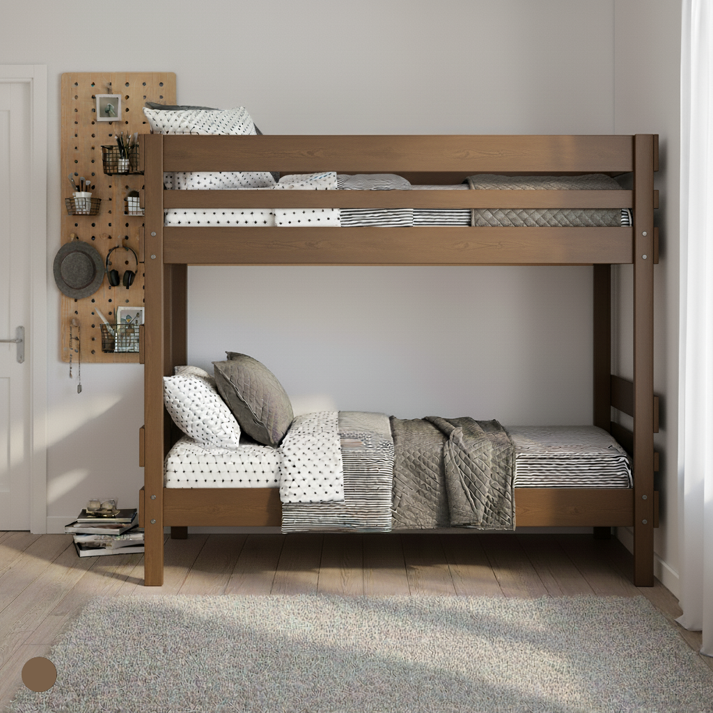 Native elm wooden bunk bed with simple guardrails and neutral bedding in a minimalist room.