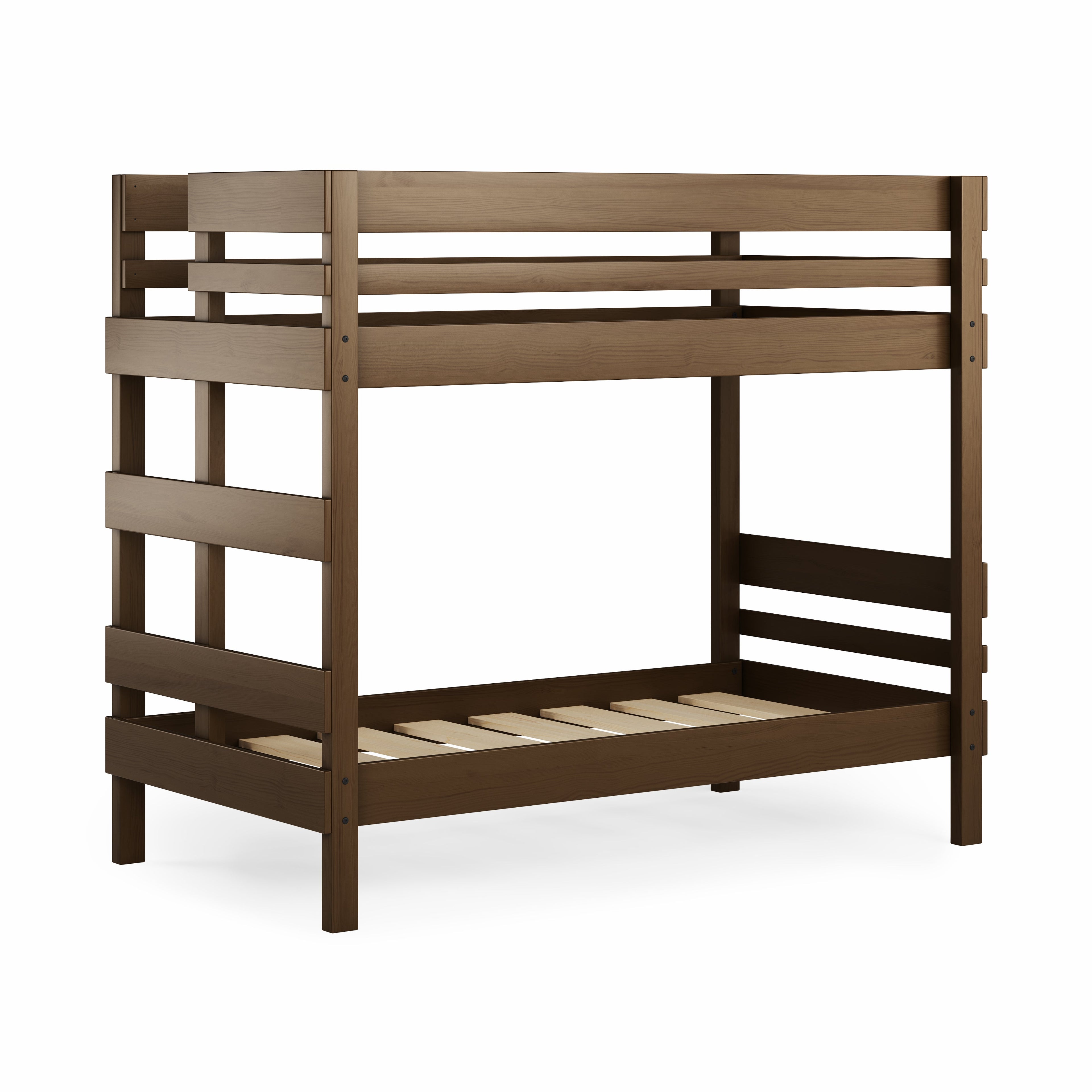 Native elm bunk bed with ladder on end and sturdy slat frame.