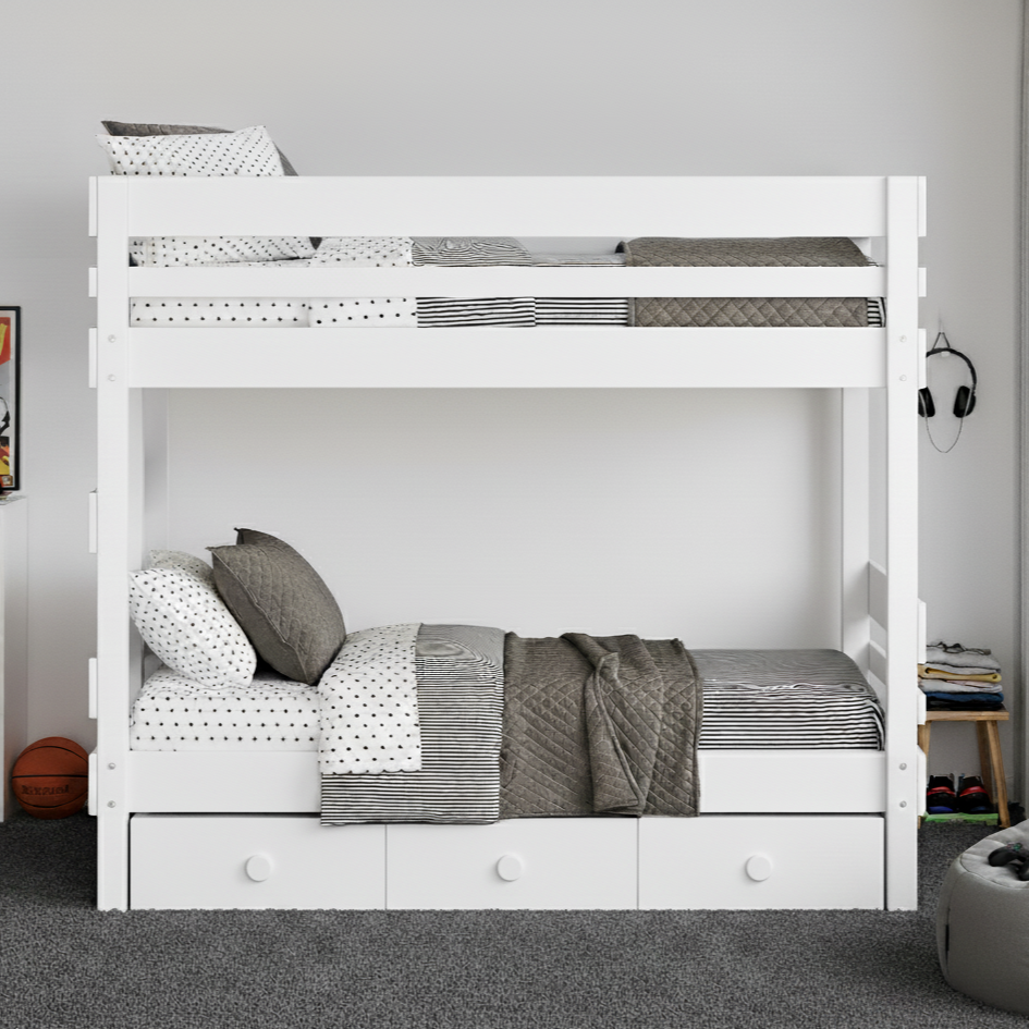 White timber bunk bed in Perth bedroom with under bed drawers