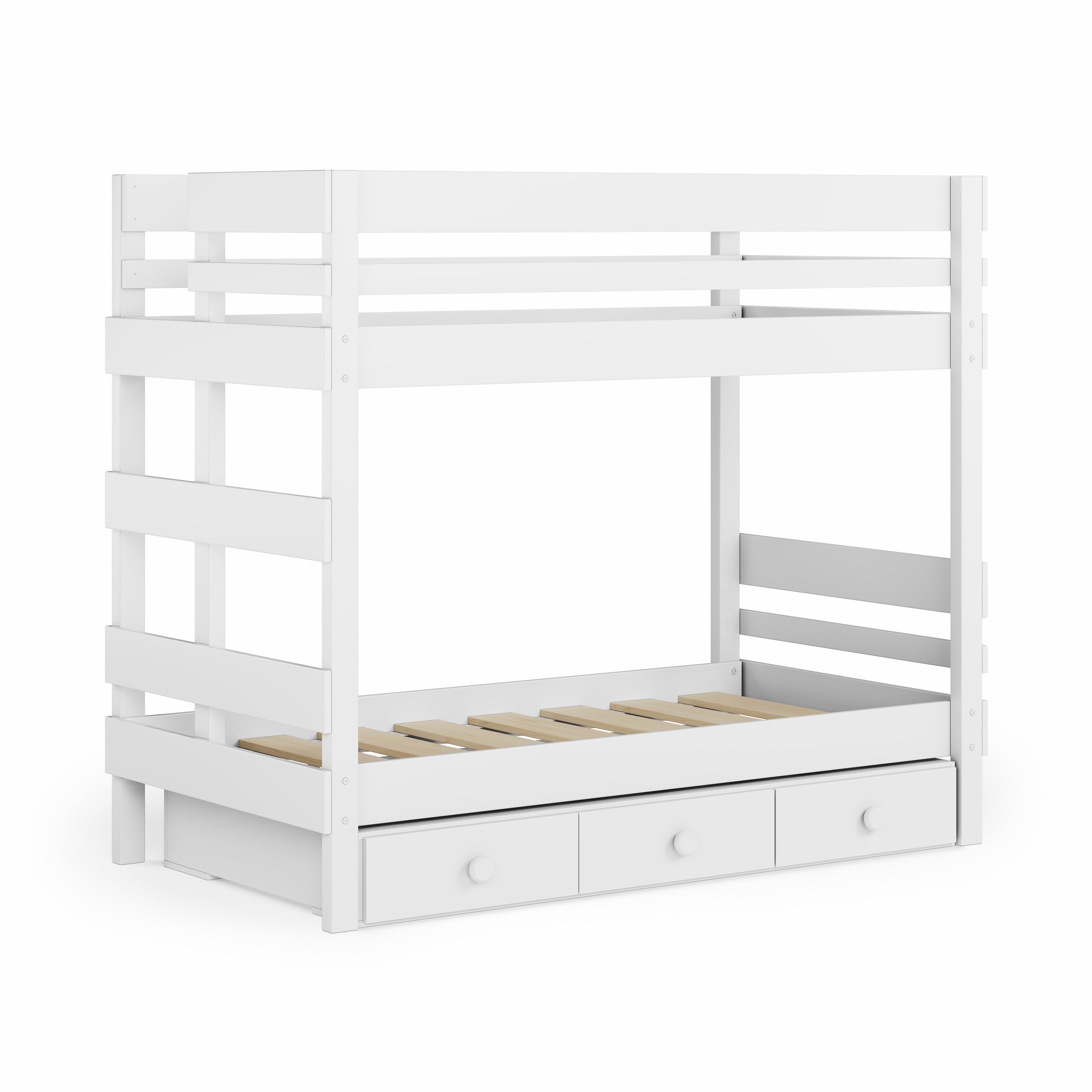 White wooden bunk bed with deep drawer under-bed drawers and solid timber guardrails.