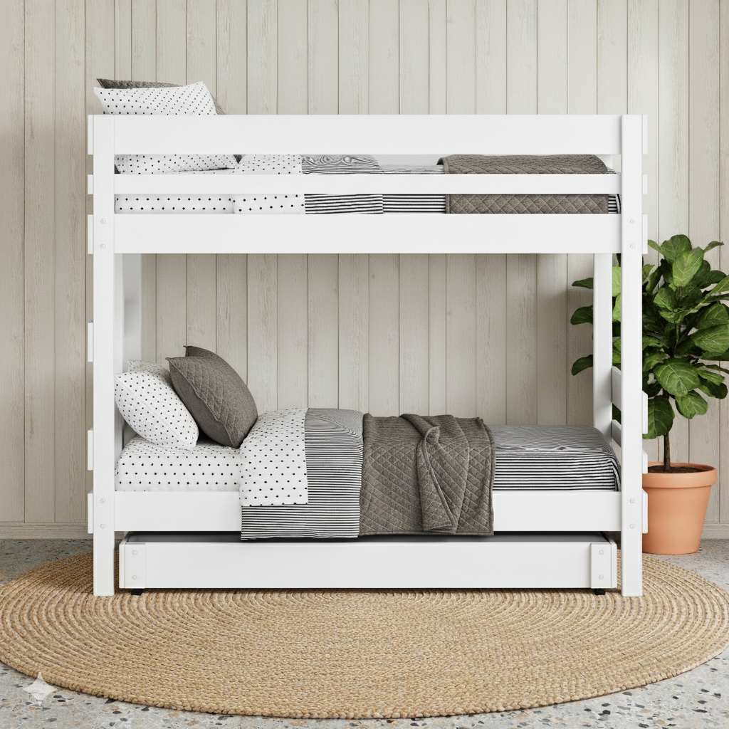 White wooden bunk bed with ladder, guardrails, and trundle drawer on woven round rug.