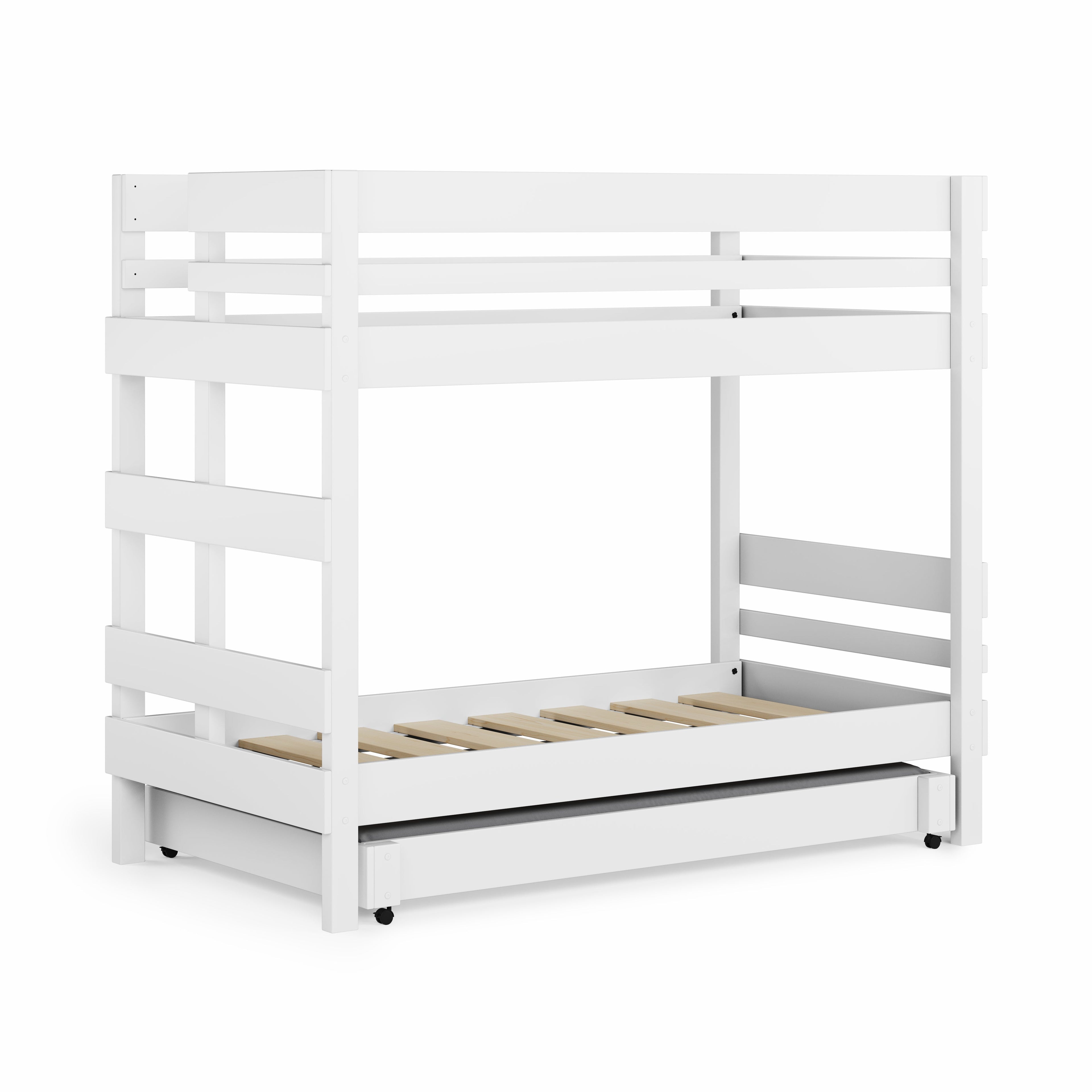 White wooden bunk bed with safety rails and a pull-out trundle bed underneath.