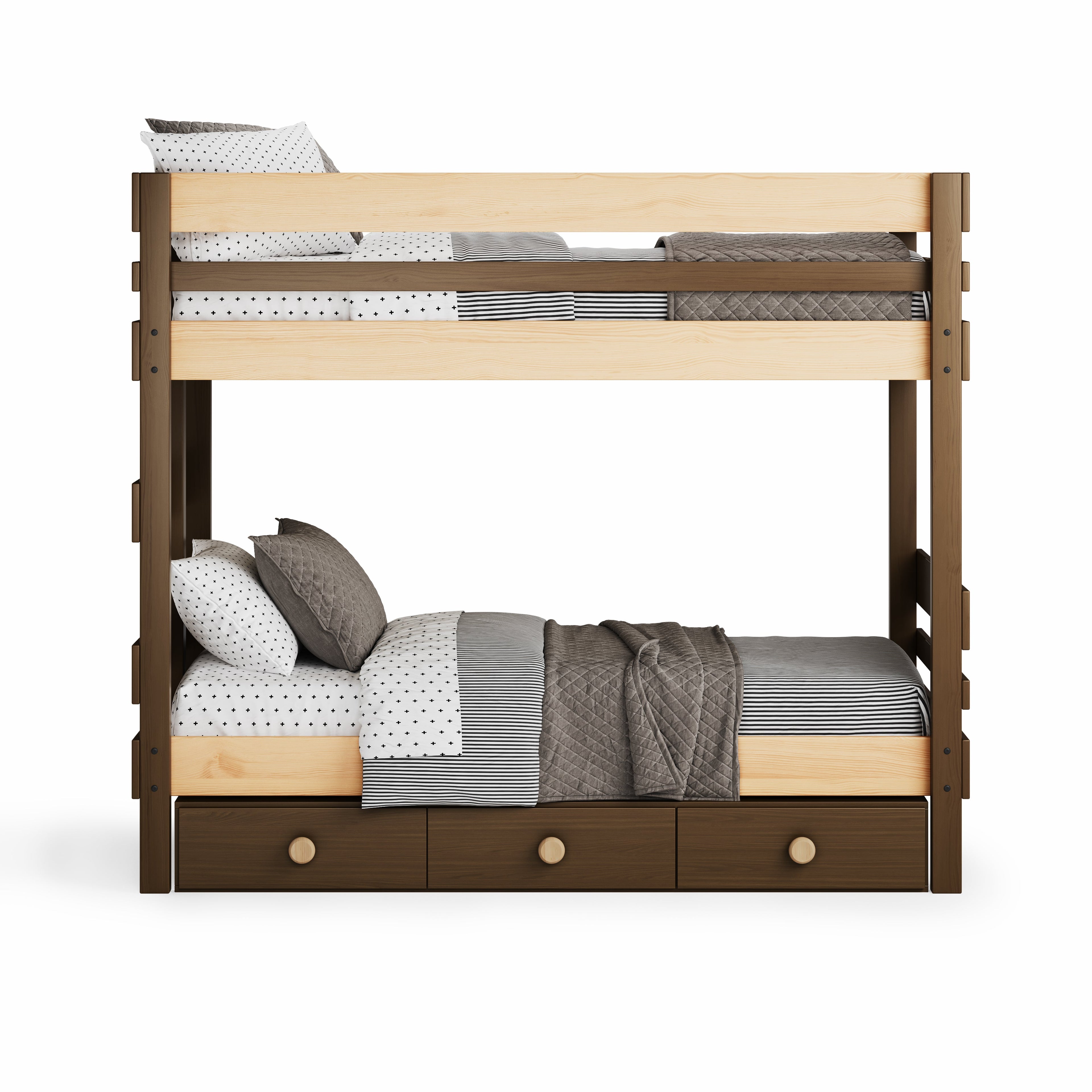 Native Elm bunk bed with two single beds and three built-in under-bed drawers, modern design.