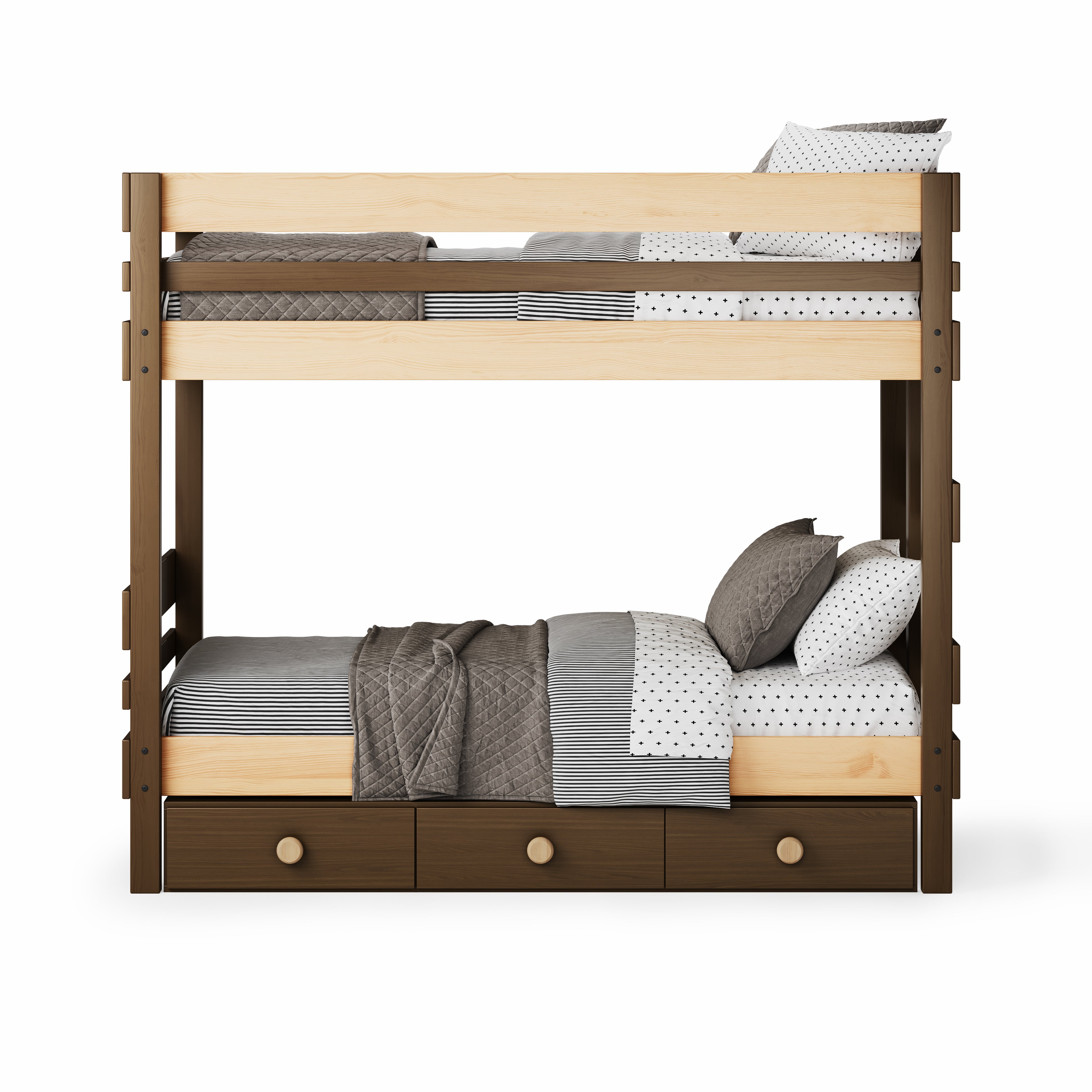 Native Elm bunk bed with two single beds and three built-in under-bed drawers, modern design.