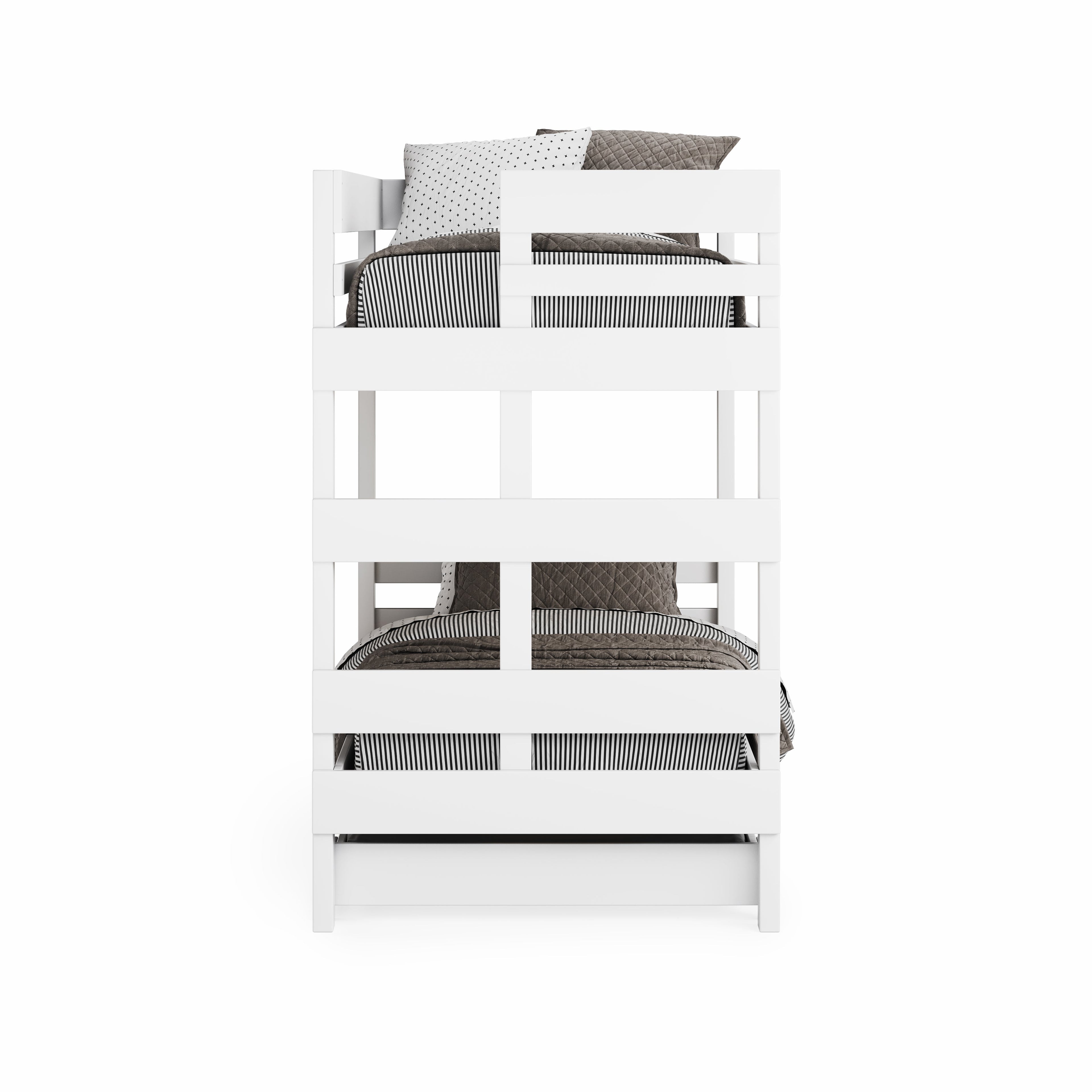 White wooden bunk bed with simple solid timber guardrails and brown bedding.