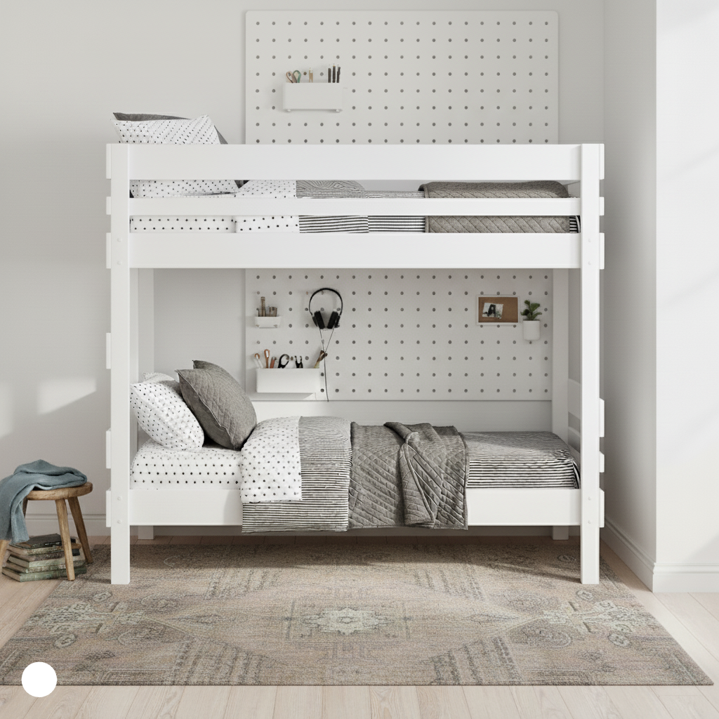White wooden bunk bed with solid timber safety rails and matching bedding in a bright, minimalist room.