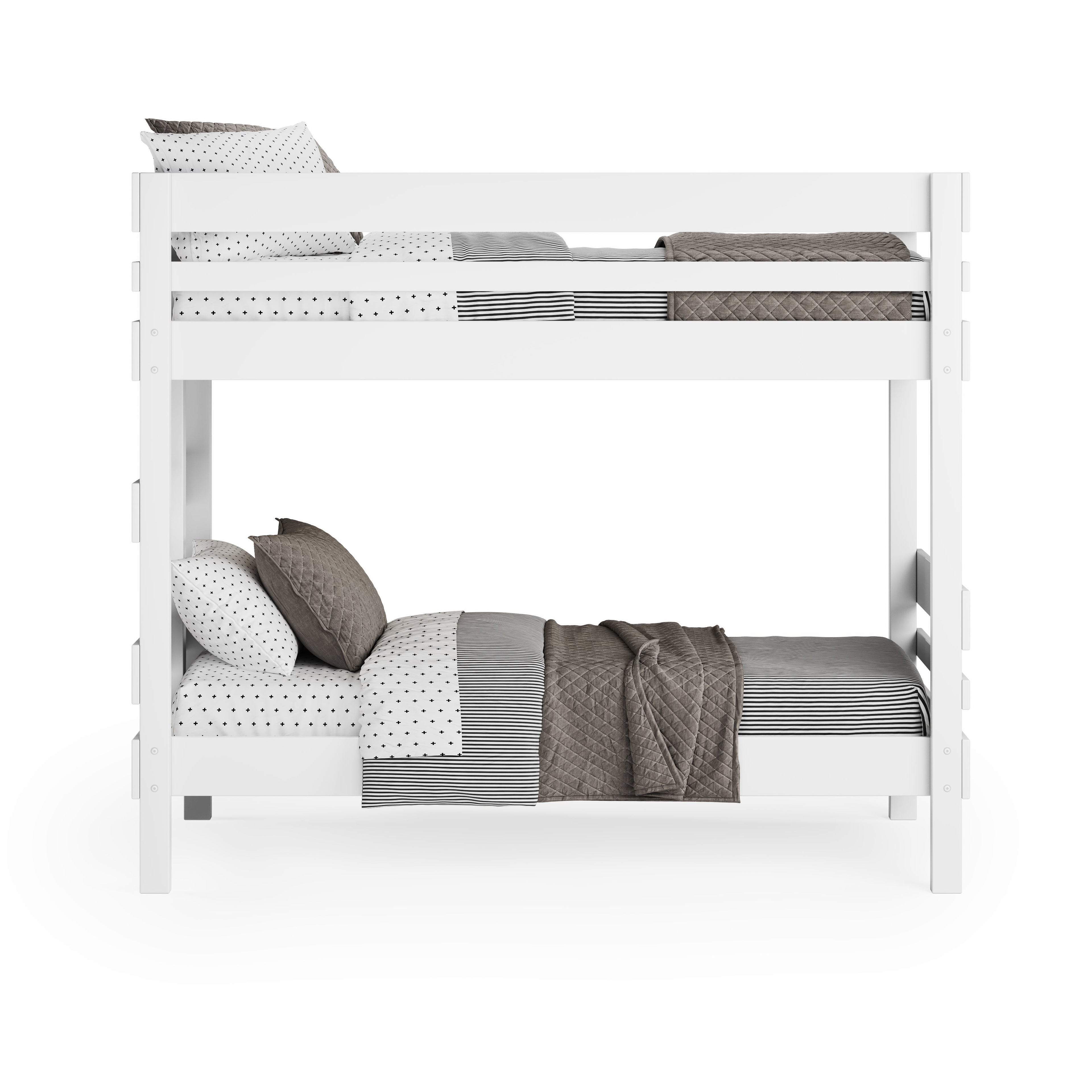 White wooden bunk bed with safety rails, styled with gray and white bedding.