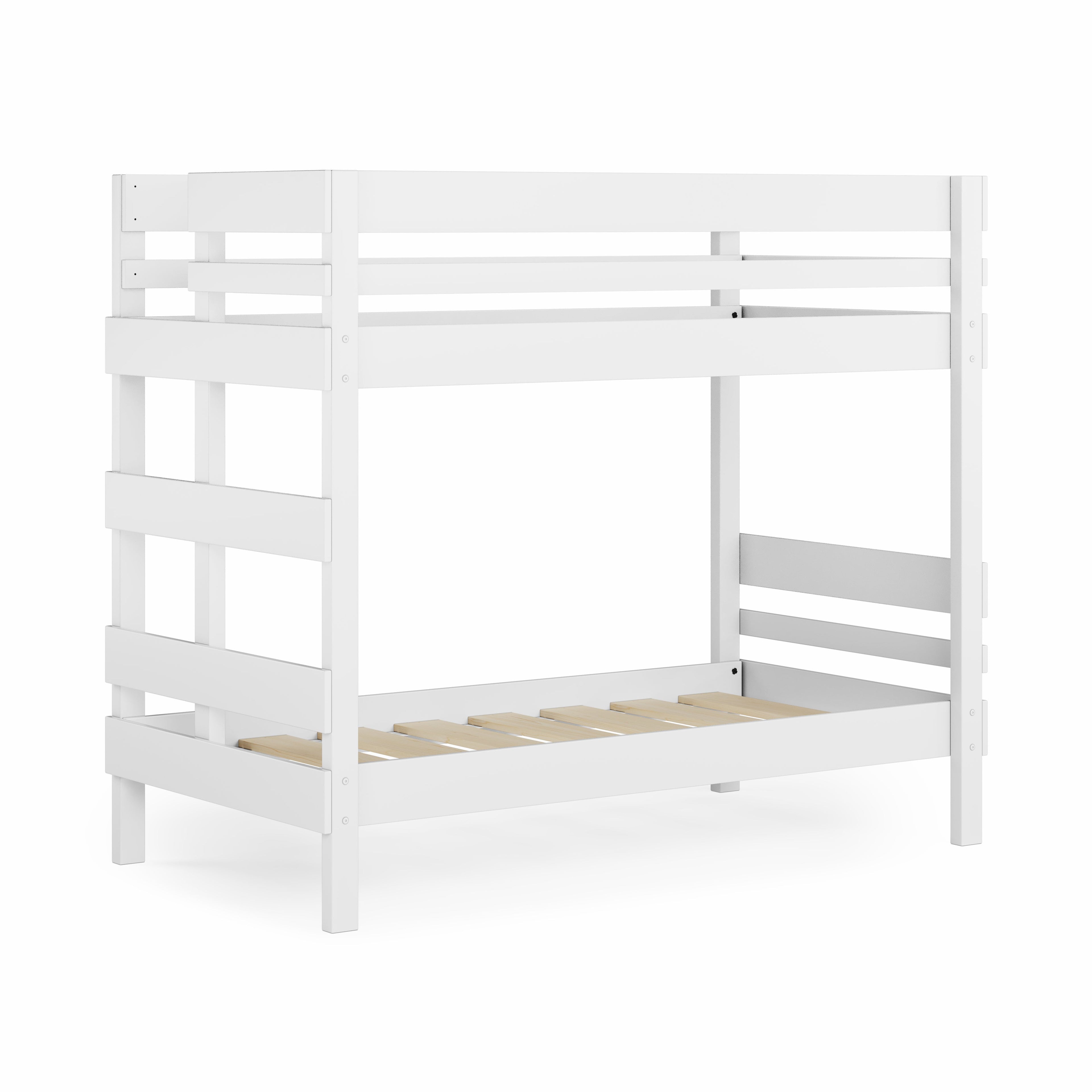 White wooden bunk bed with guardrails and built in end frame ladder, minimalist design.