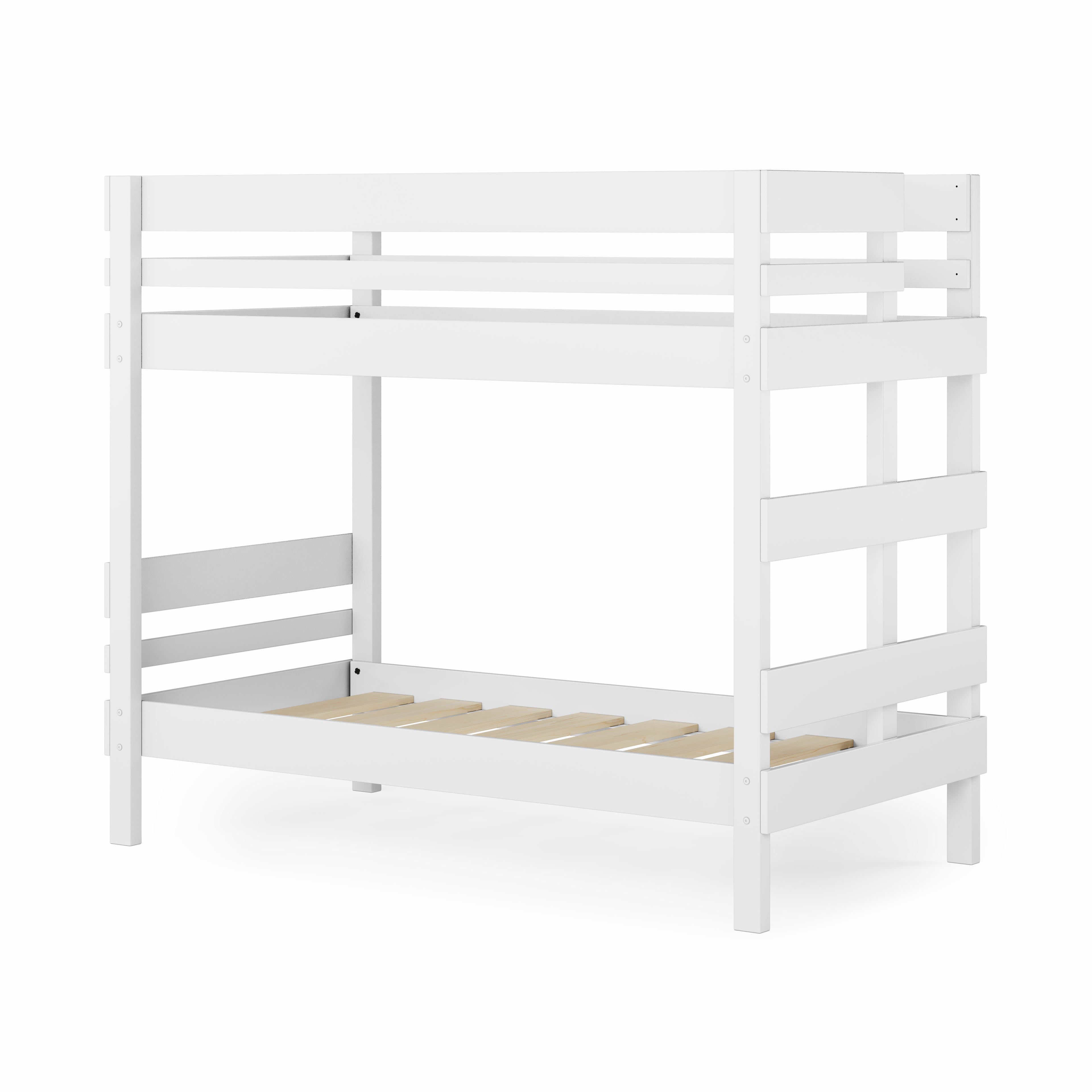 White wooden bunk bed with guardrails and ladder on side, minimalist design.