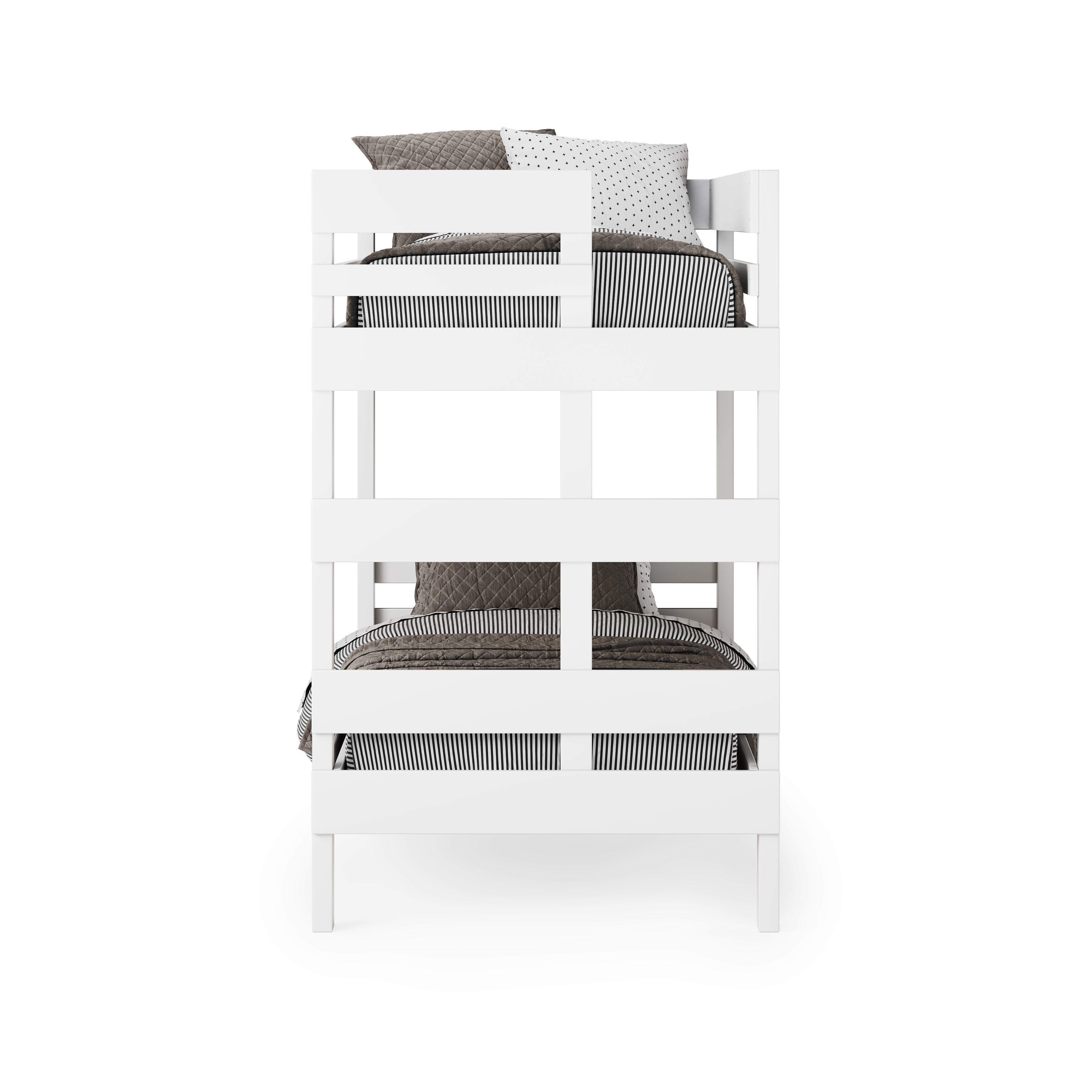 White wooden bunk bed with safety rails and gray bedding on both levels.
