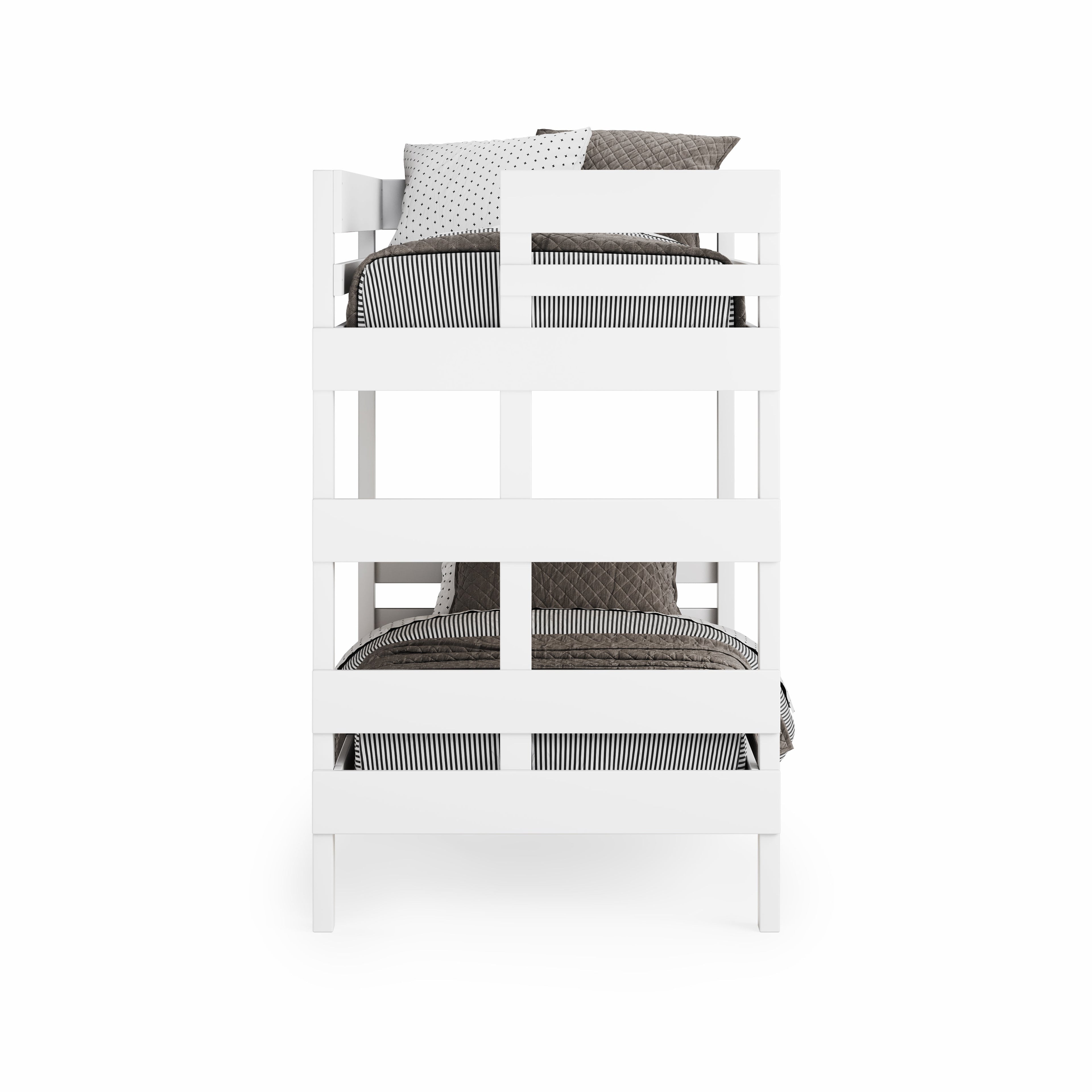 White wooden bunk bed with safety rails and gray bedding on both levels.