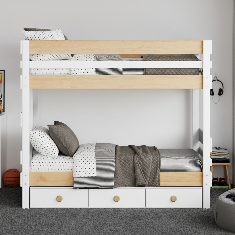 White and natural pine end ladder bunk bed with under bed drawers and gray bedding.