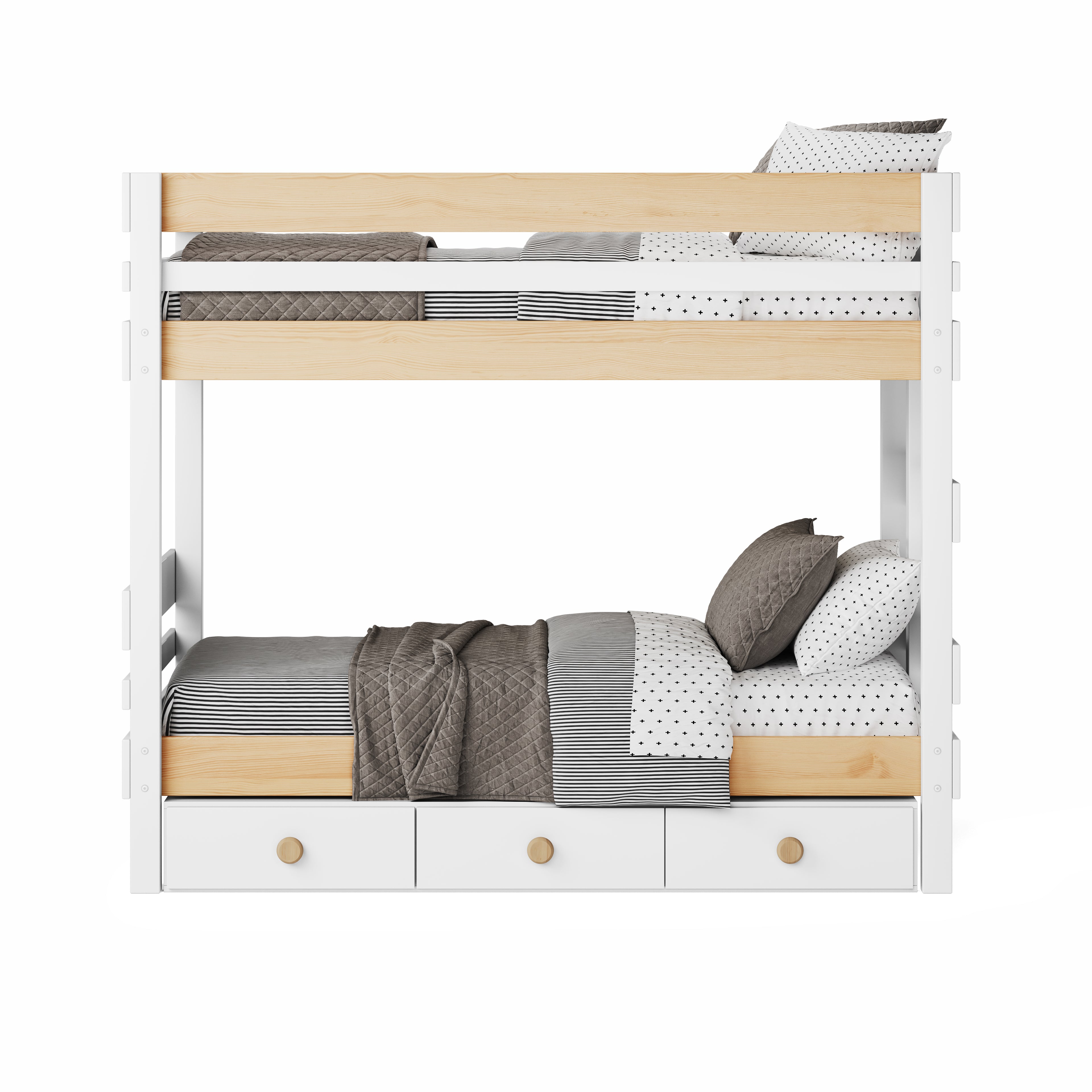 White and natural elm end ladder bunk bed with three under bed drawers and bedding.