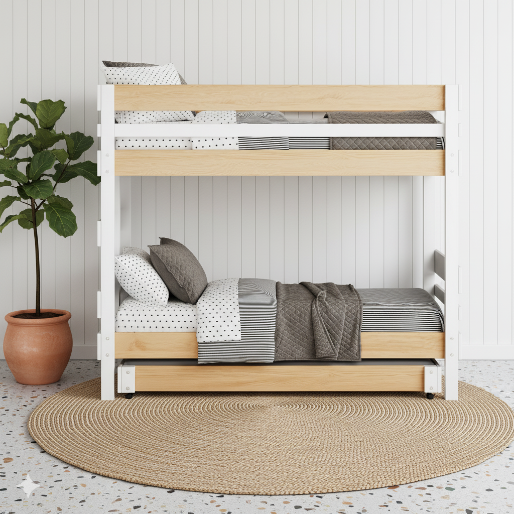 White and clear pine bunk bed with simple solid timber guardrails and textured bedding on natural woven rug.
